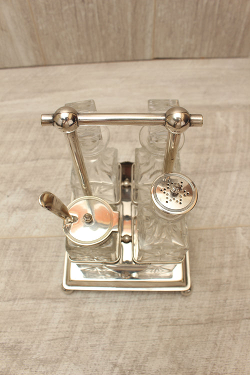 Antique Victorian Goldsmiths Alliance EPNS 4-Bottle Cruet Condiment Set – Ornate Starburst Glass