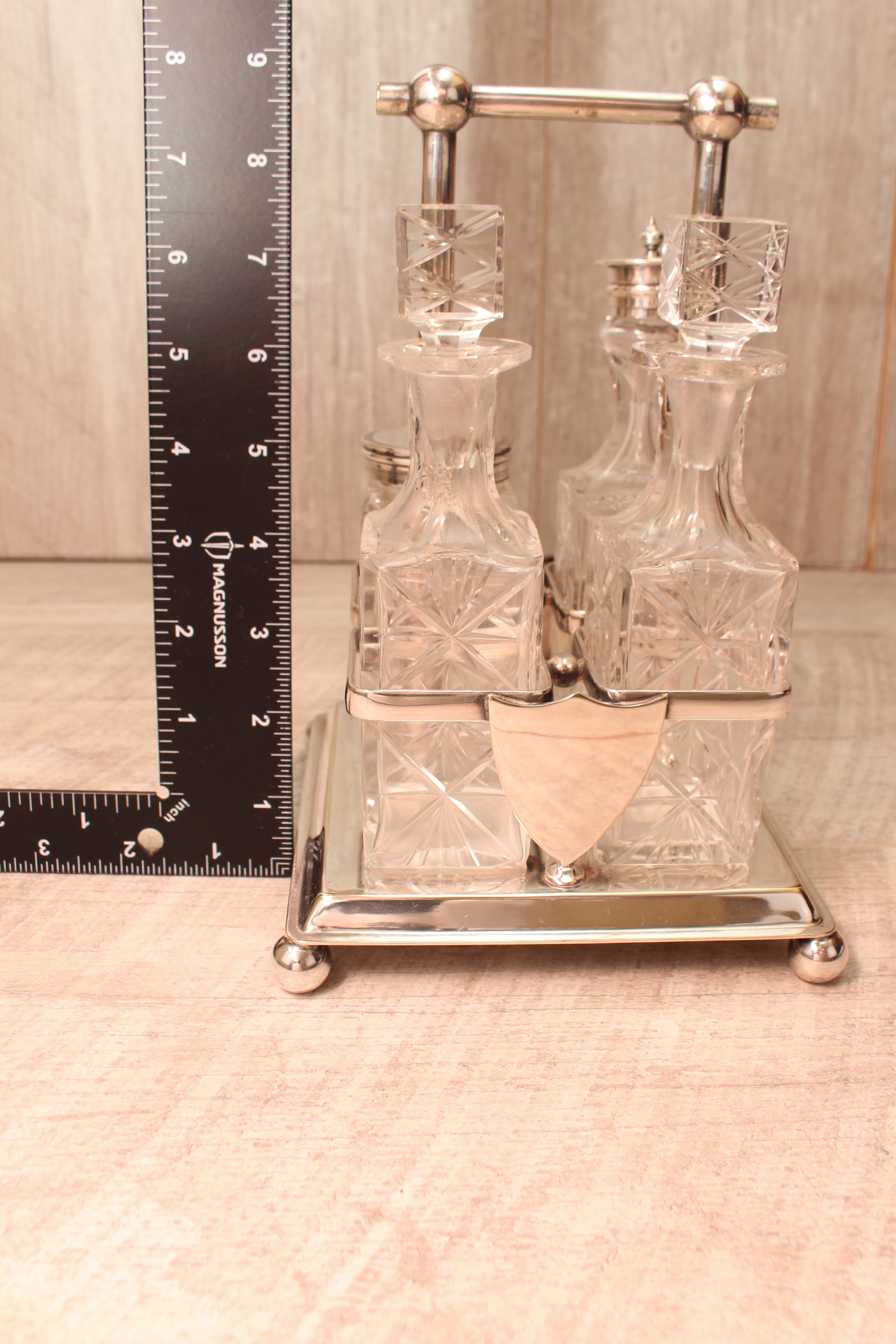 Antique Victorian Goldsmiths Alliance EPNS 4-Bottle Cruet Condiment Set – Ornate Starburst Glass