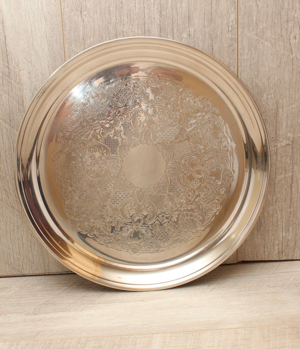 Vintage Silver Plated on Copper Engraved Round Serving Tray - Made in England