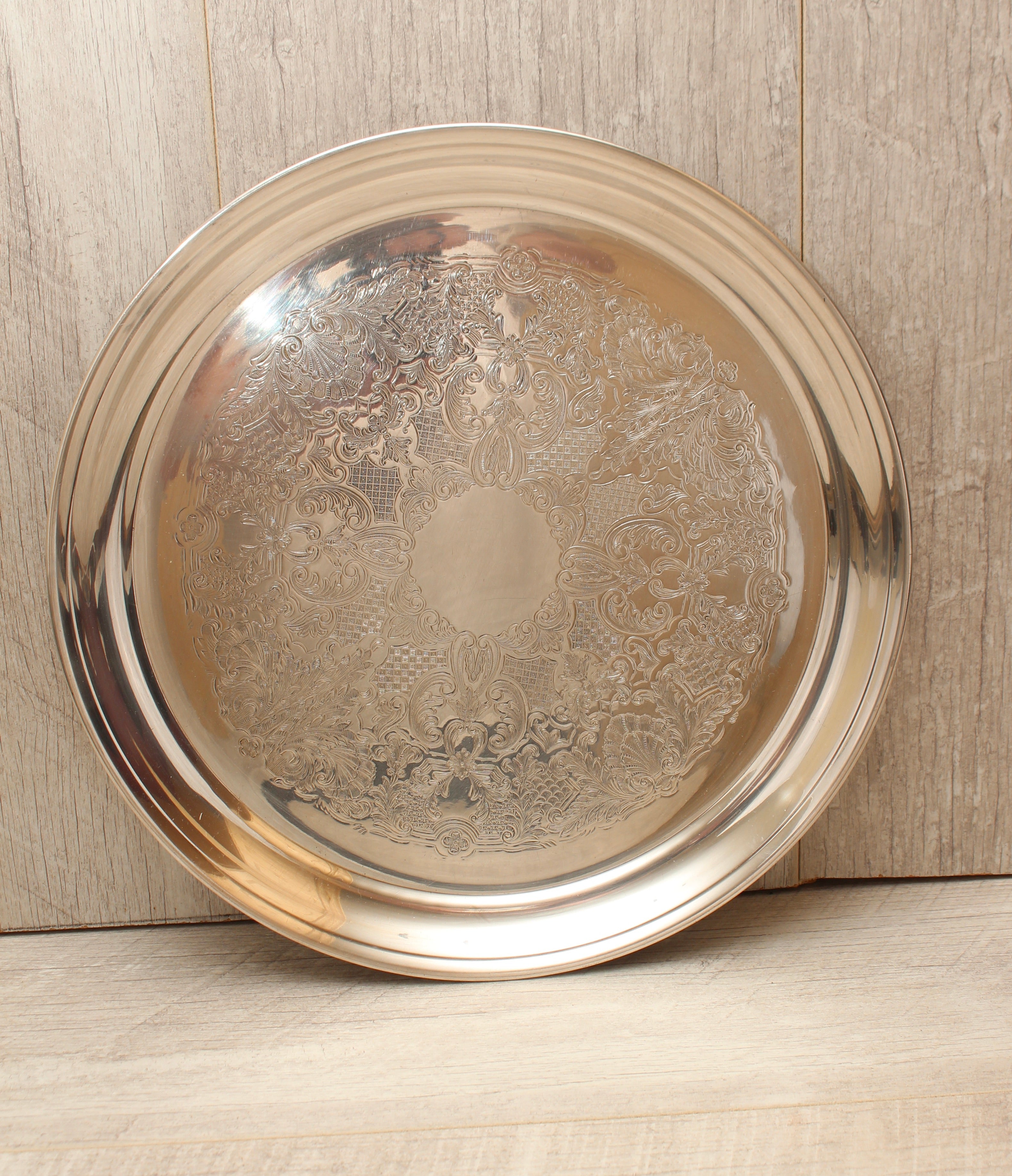 Vintage Silver Plated on Copper Engraved Round Serving Tray - Made in England