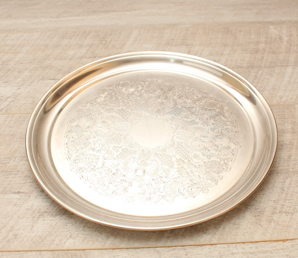 Vintage Silver Plated on Copper Engraved Round Serving Tray - Made in England