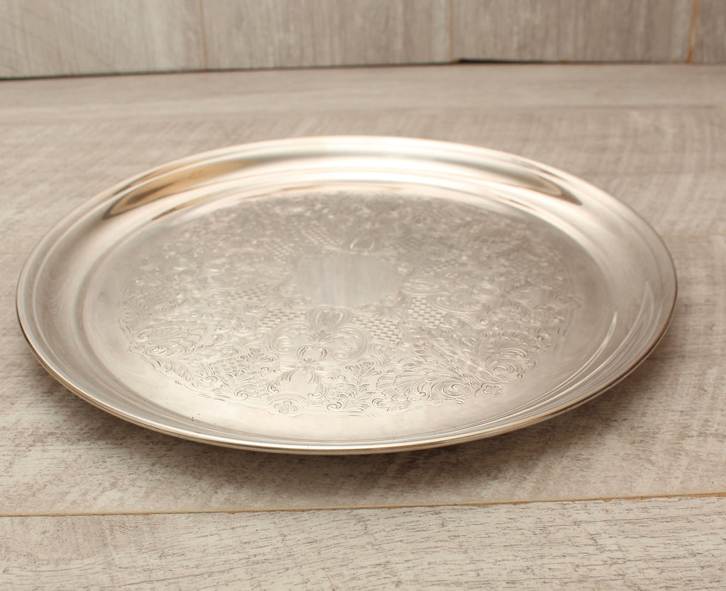 Vintage Silver Plated on Copper Engraved Round Serving Tray - Made in England