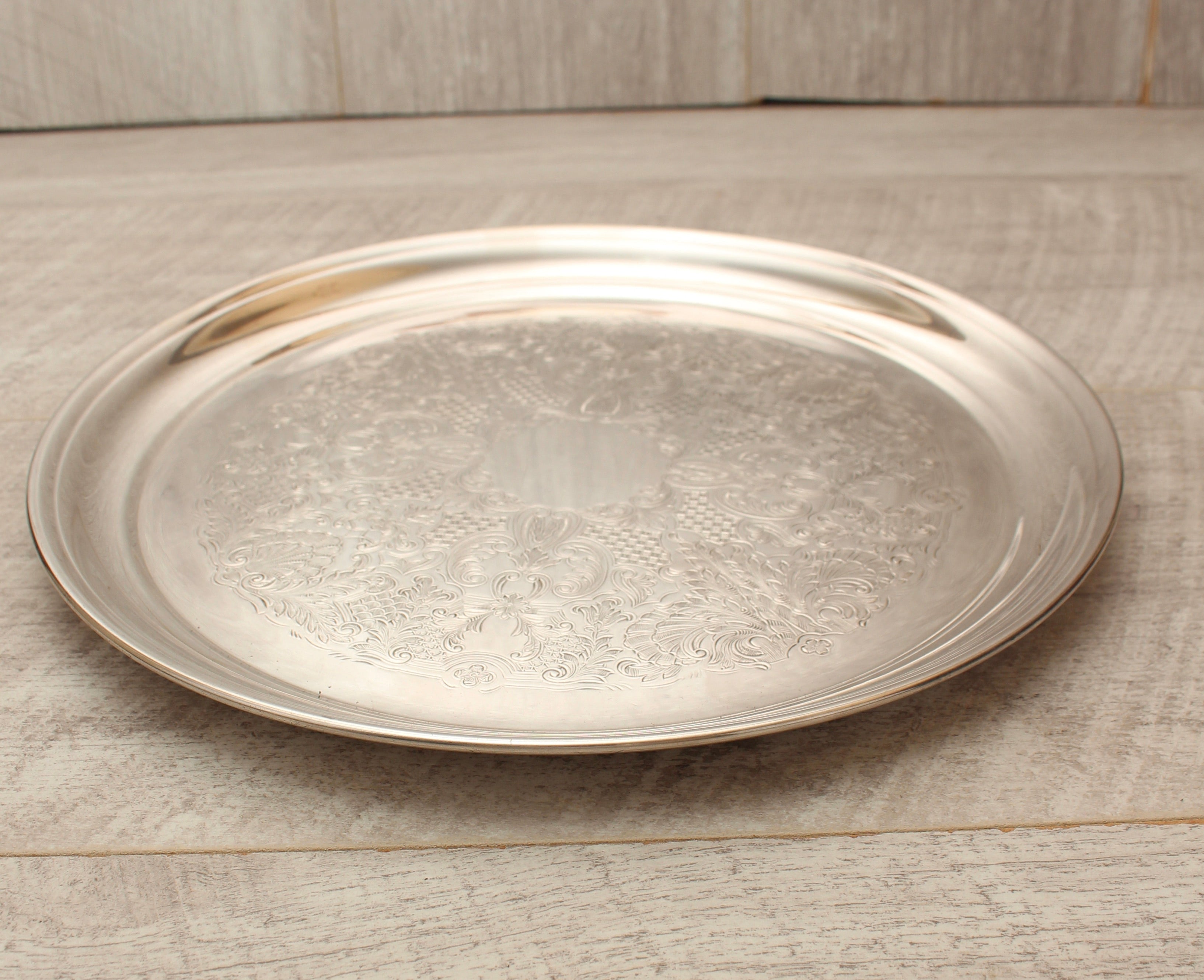 Vintage Silver Plated on Copper Engraved Round Serving Tray - Made in England