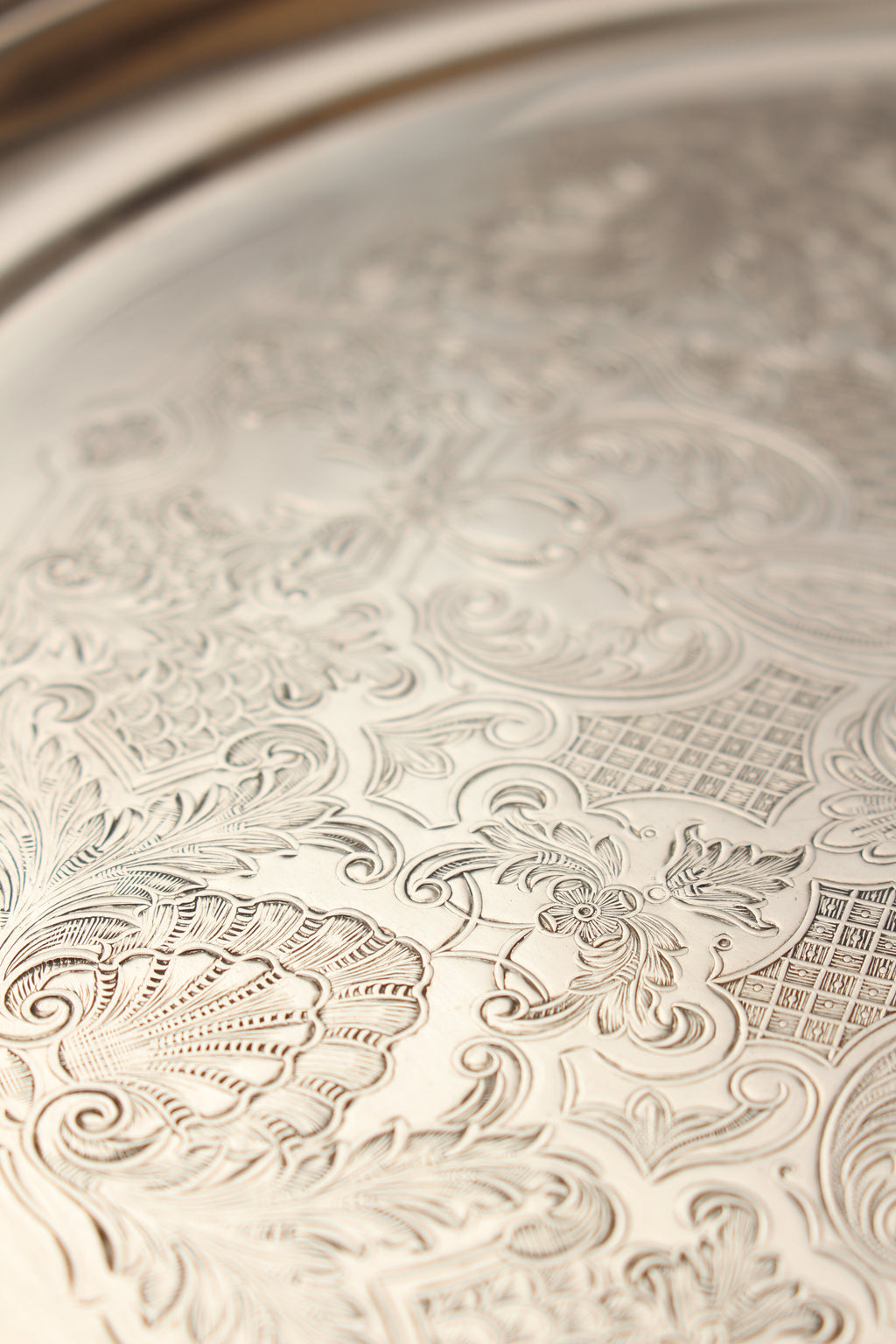 Vintage Silver Plated on Copper Engraved Round Serving Tray - Made in England