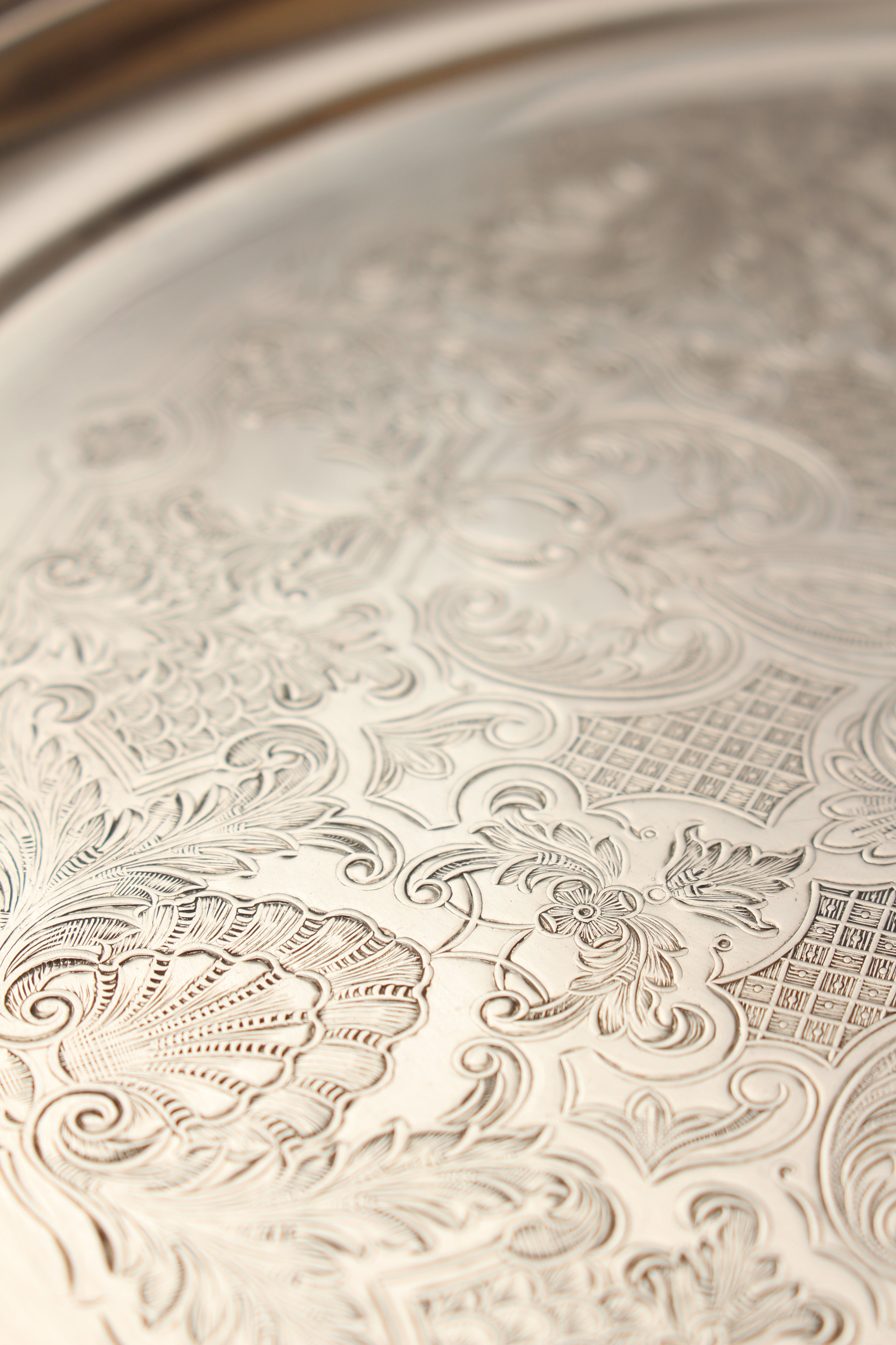 Vintage Silver Plated on Copper Engraved Round Serving Tray - Made in England