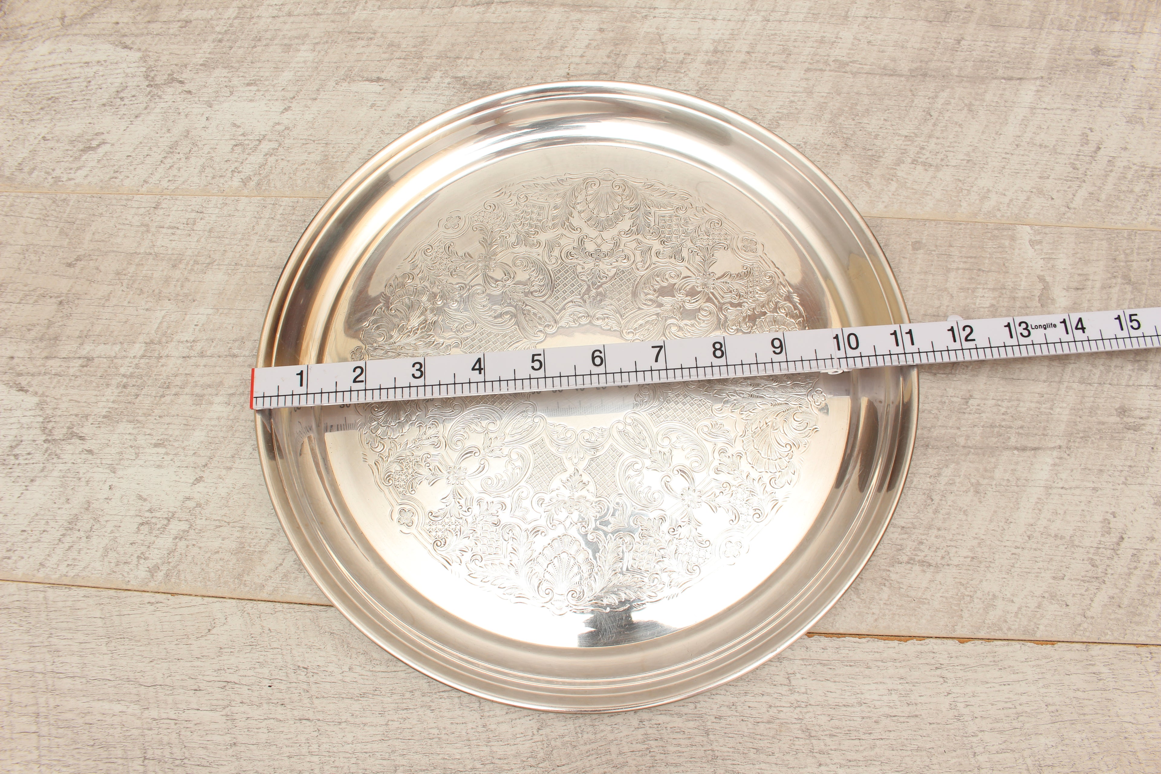 Vintage Silver Plated on Copper Engraved Round Serving Tray - Made in England