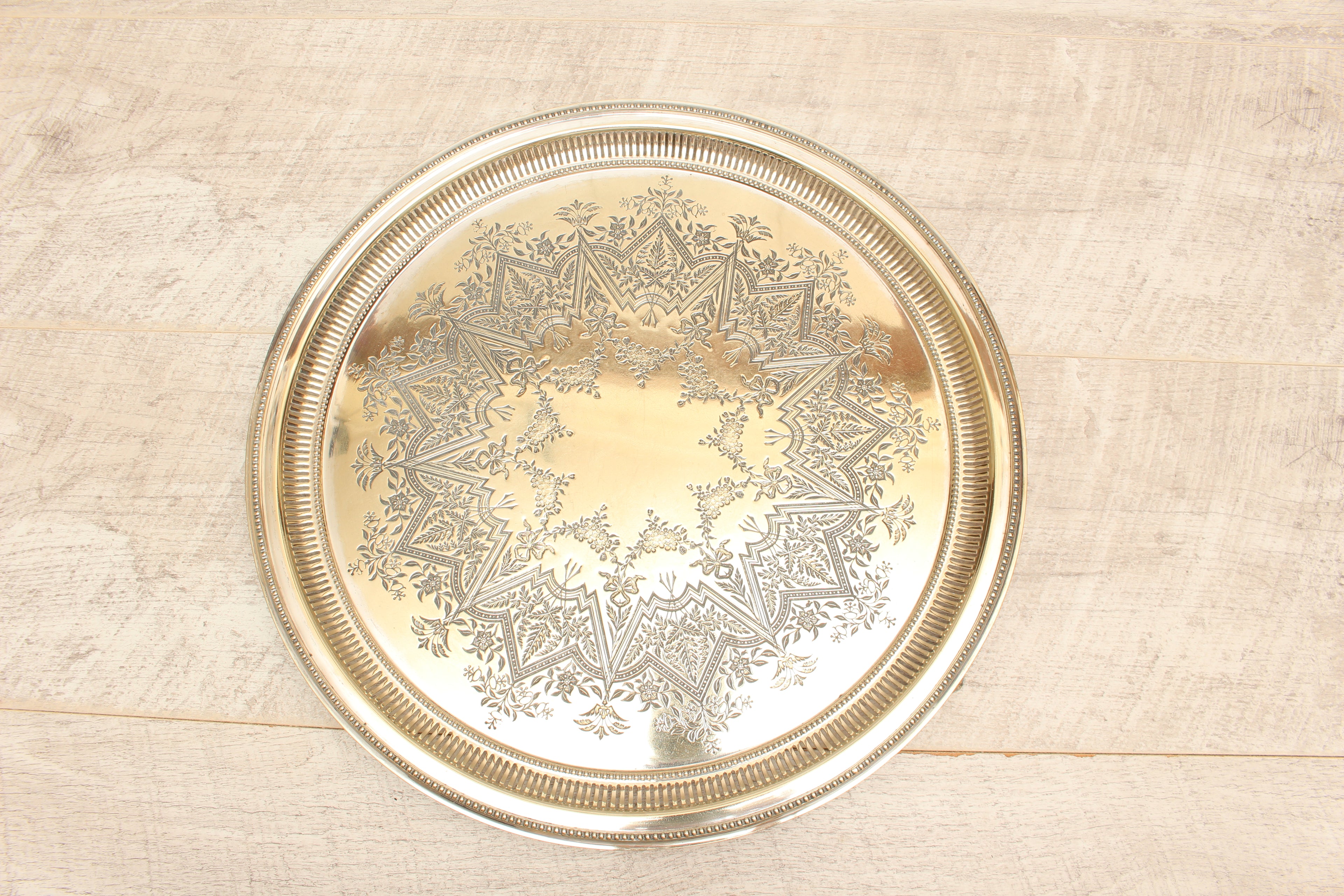 Antique Daniel & Arter EPNS Engraved Round Serving Tray - Birmingham C.1900
