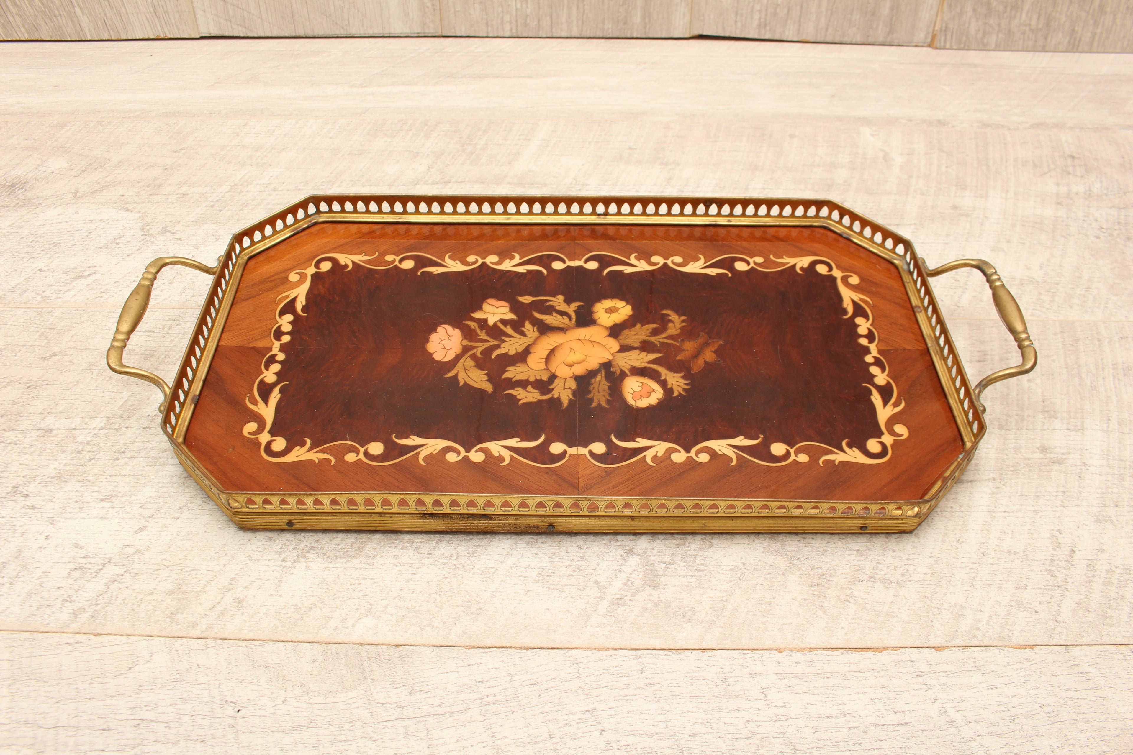 Vintage Sorrento Italian Wood Marquetry Gallery Tray - Inlaid Floral Serving Platter