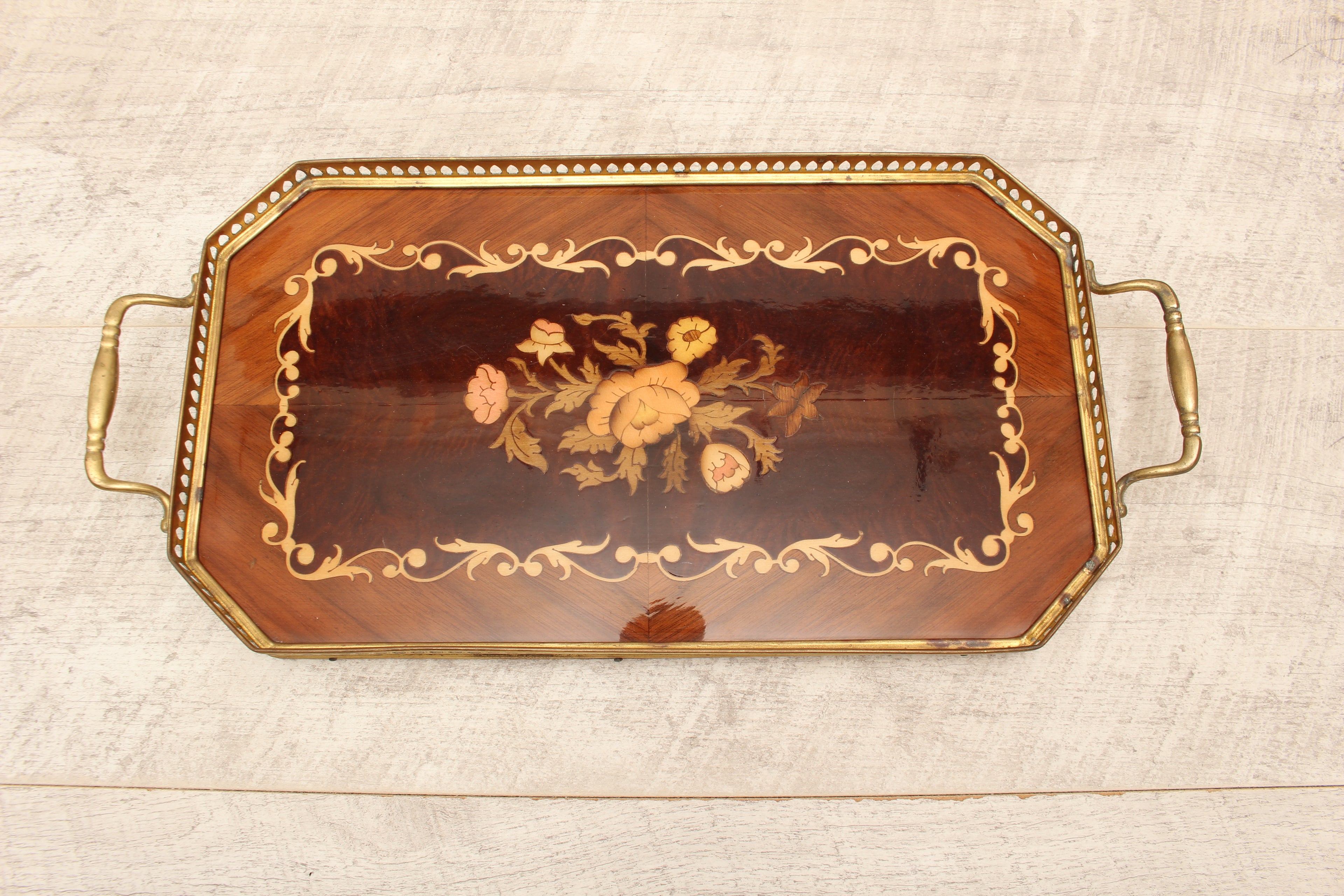 Vintage Sorrento Italian Wood Marquetry Gallery Tray - Inlaid Floral Serving Platter