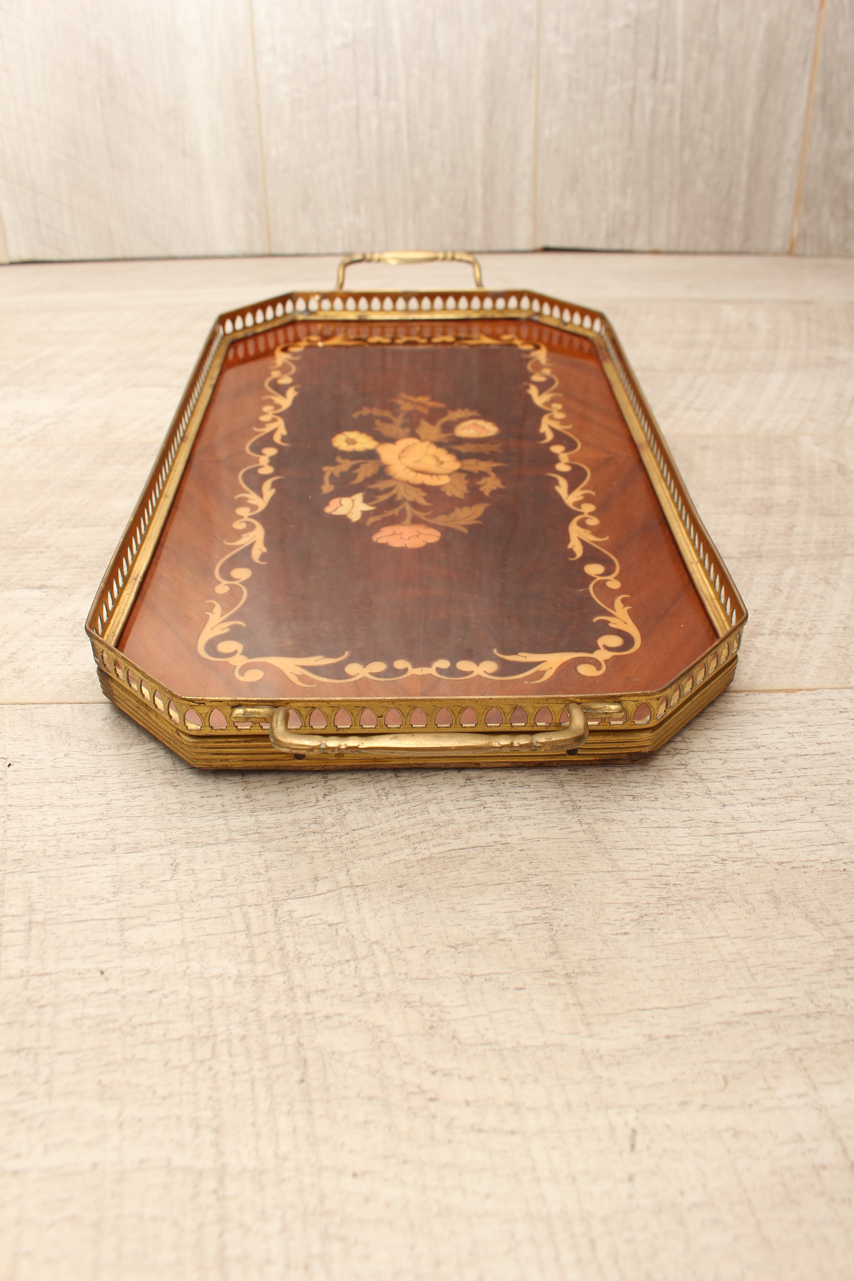Vintage Sorrento Italian Wood Marquetry Gallery Tray - Inlaid Floral Serving Platter