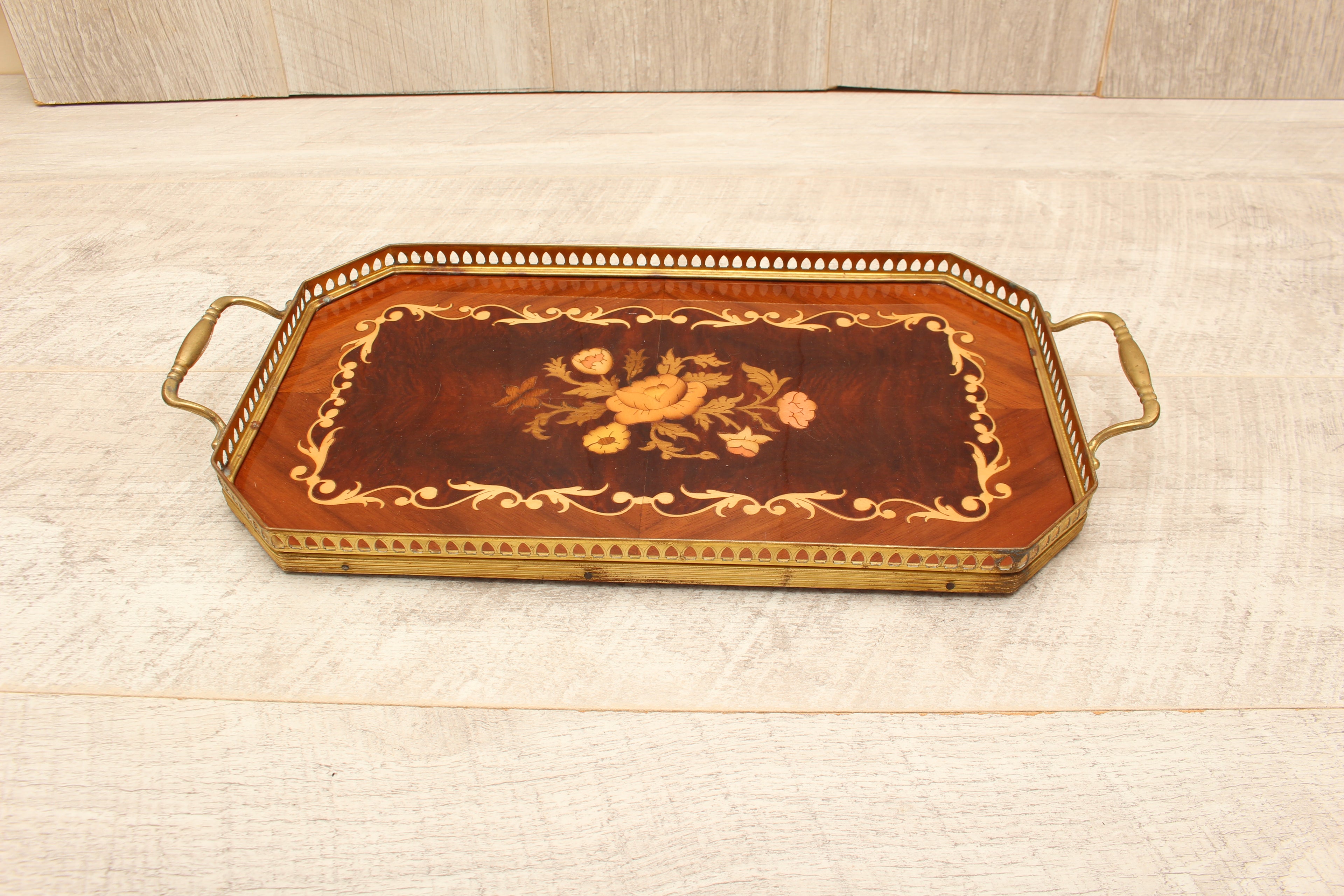Vintage Sorrento Italian Wood Marquetry Gallery Tray - Inlaid Floral Serving Platter