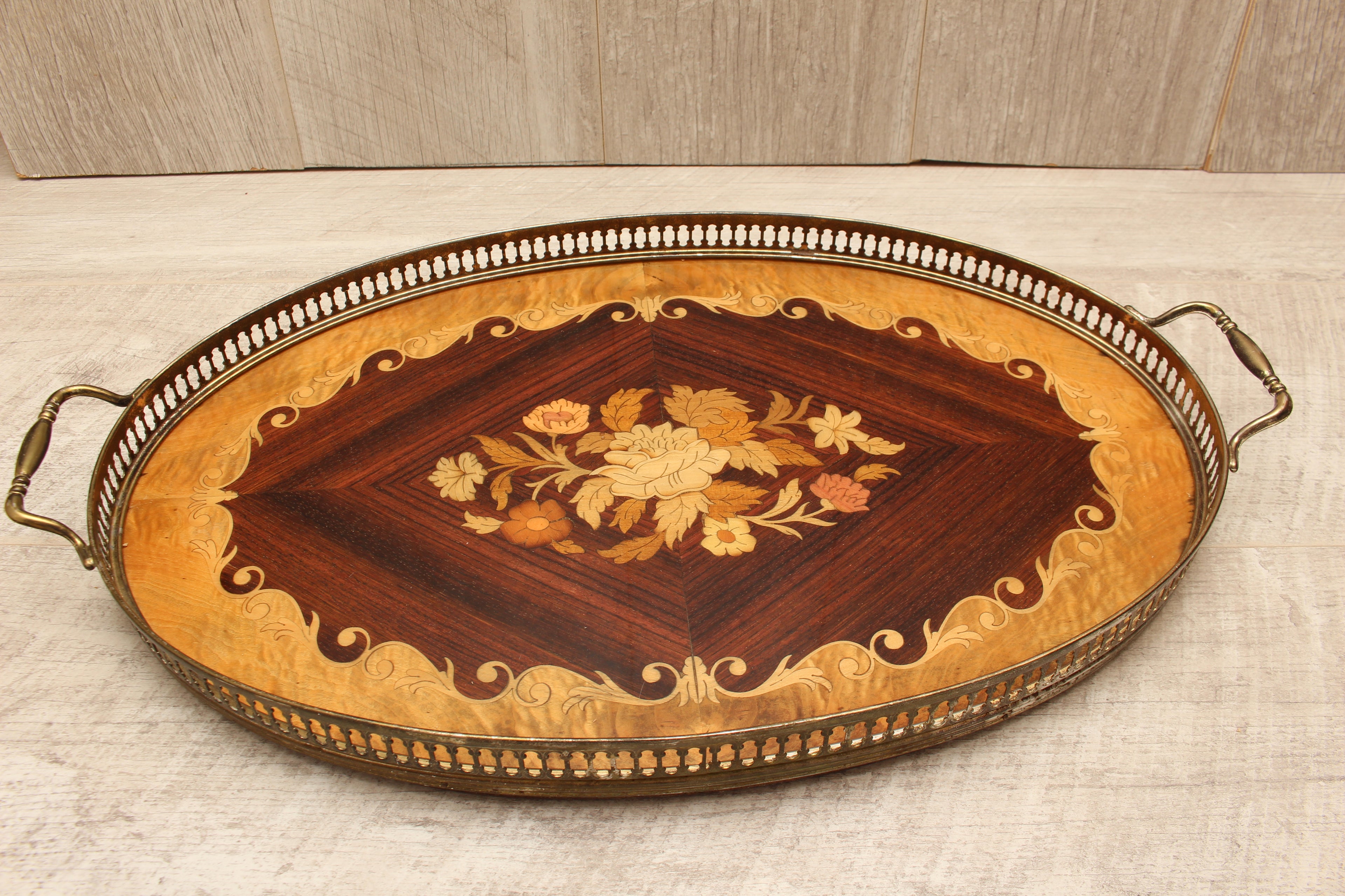 Large Vintage Sorrento Oval Wood Marquetry Gallery Tray - Inlaid Floral Serving Platter