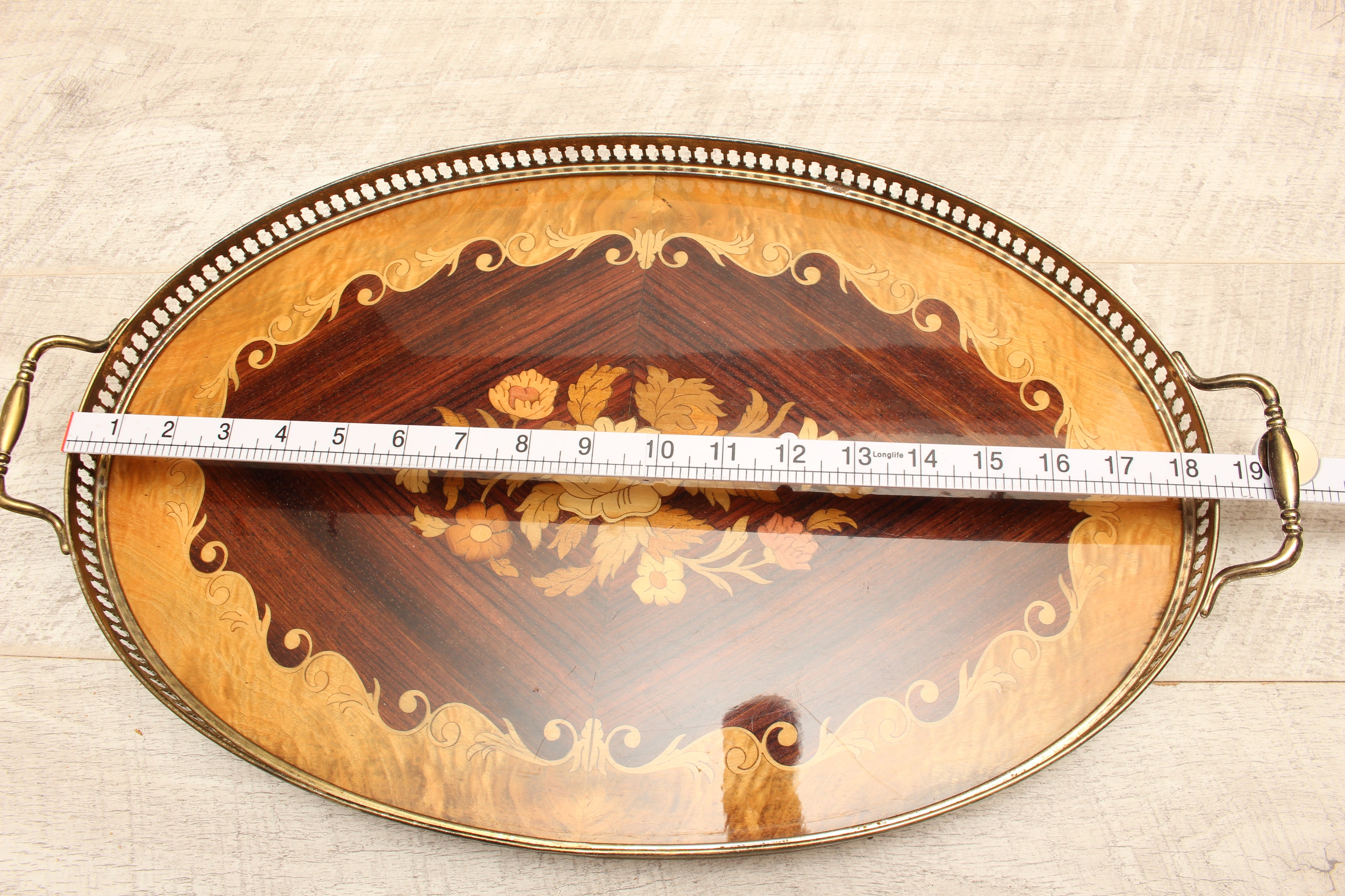 Large Vintage Sorrento Oval Wood Marquetry Gallery Tray - Inlaid Floral Serving Platter