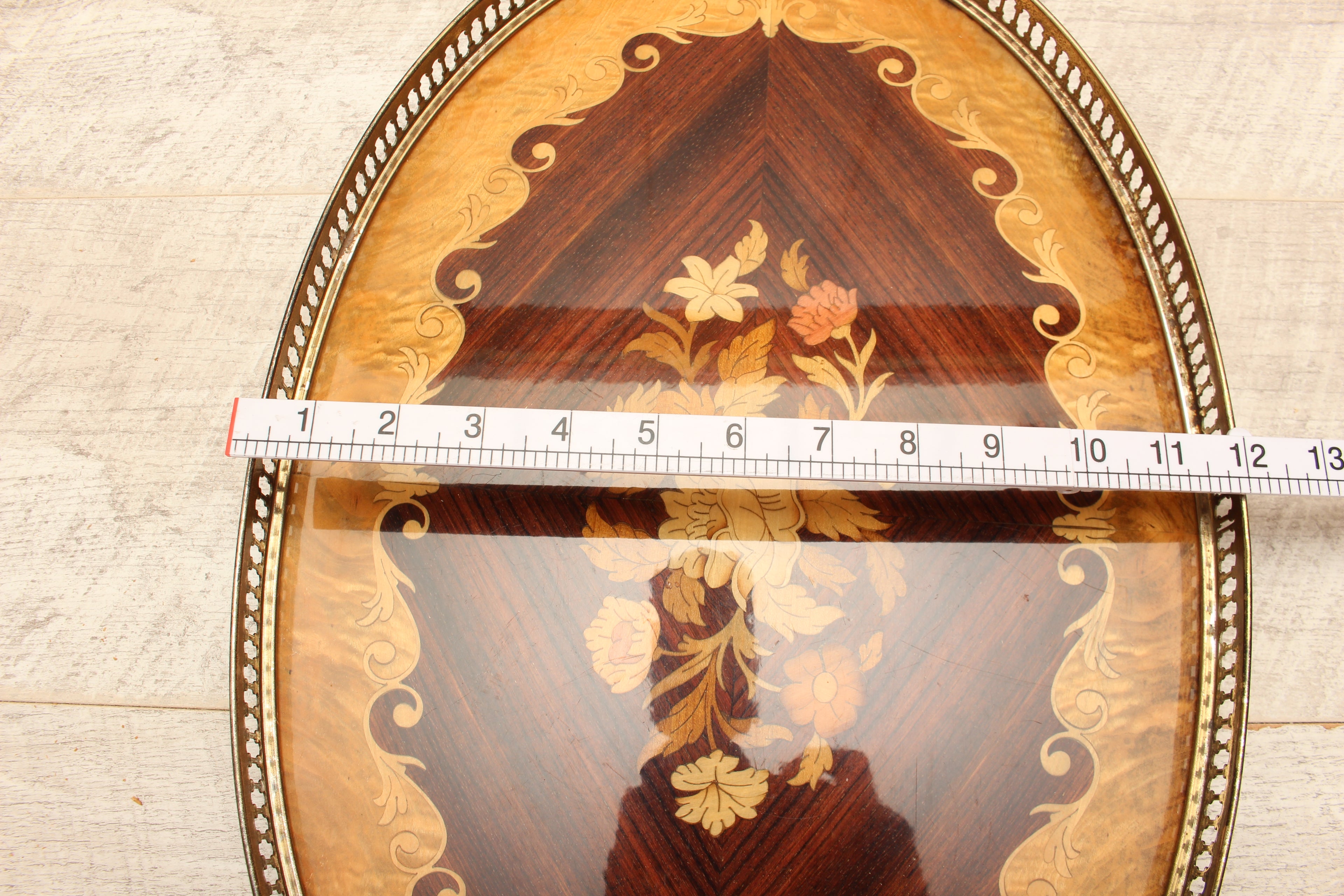 Large Vintage Sorrento Oval Wood Marquetry Gallery Tray - Inlaid Floral Serving Platter