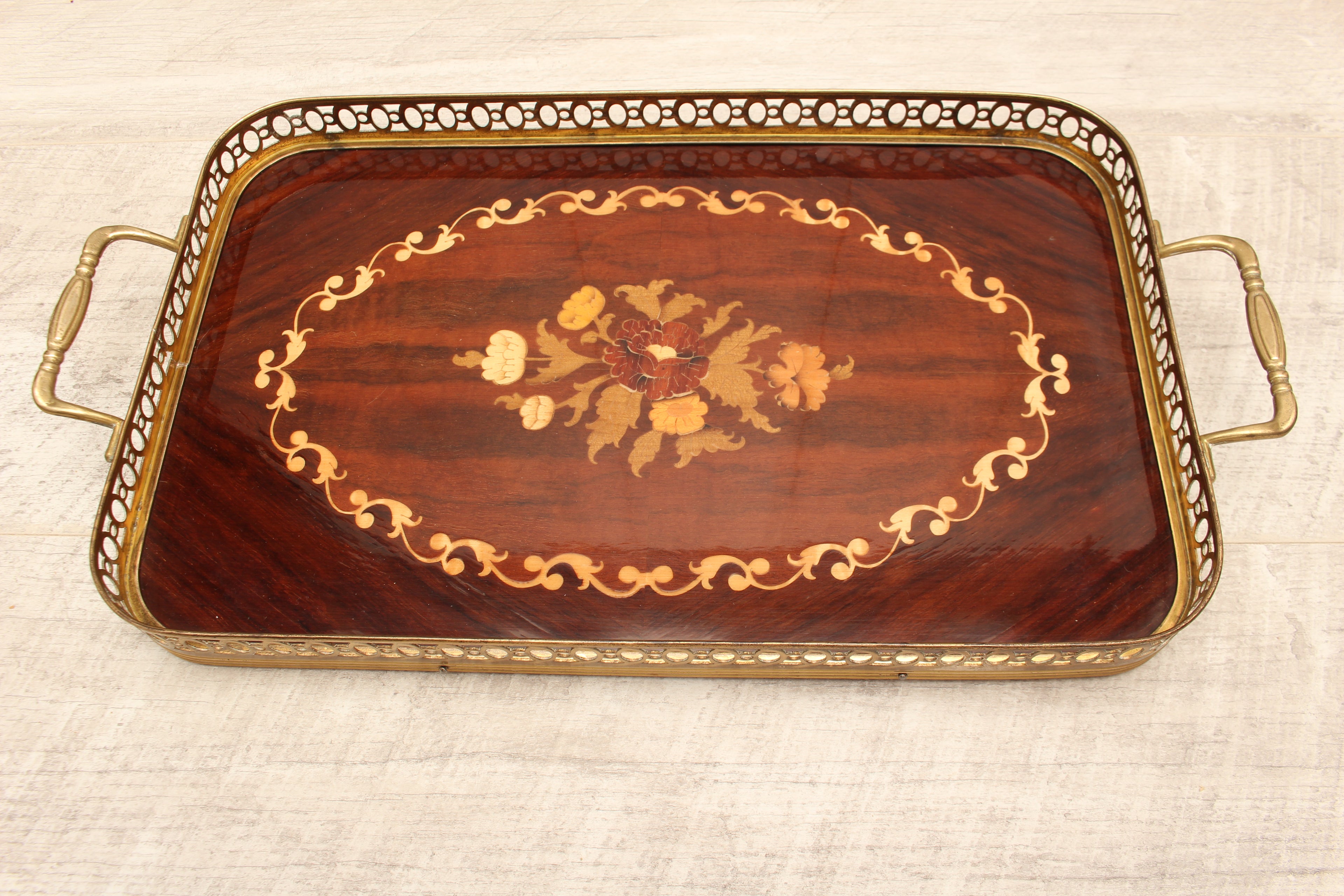 Vintage Sorrento Italian Wood Marquetry Rectangular Gallery Tray - Small Inlaid Serving Platter