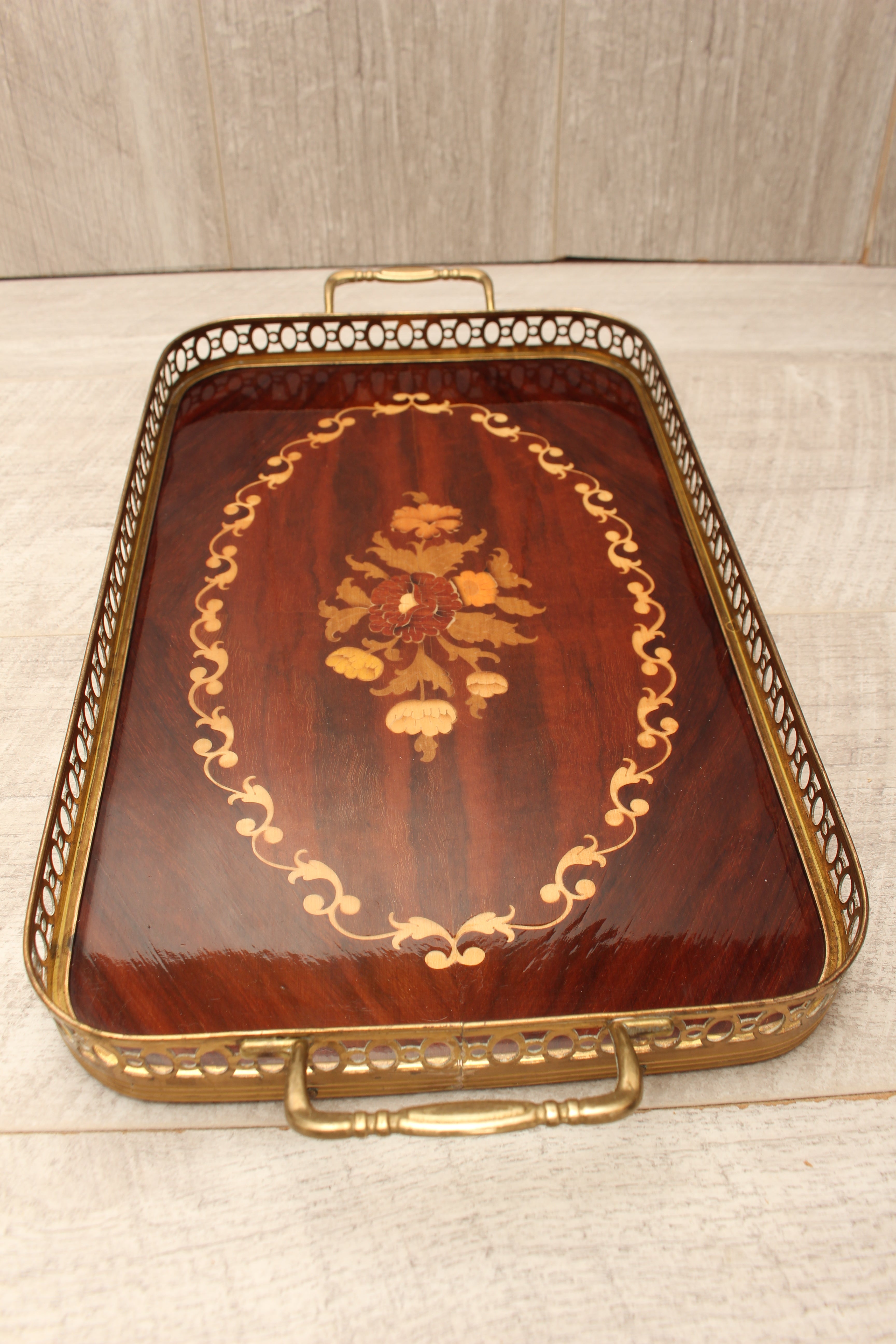 Vintage Sorrento Italian Wood Marquetry Rectangular Gallery Tray - Small Inlaid Serving Platter