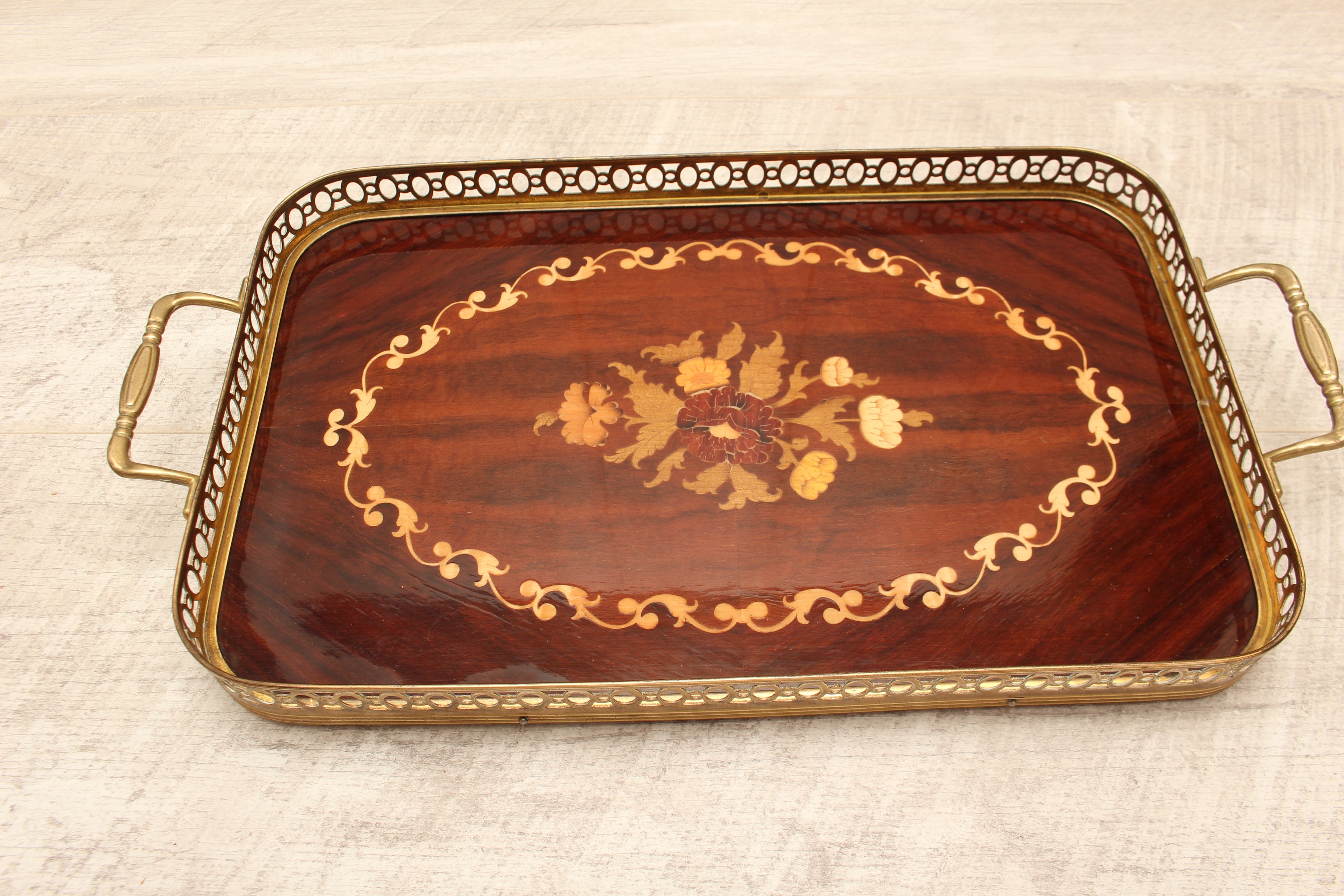 Vintage Sorrento Italian Wood Marquetry Rectangular Gallery Tray - Small Inlaid Serving Platter