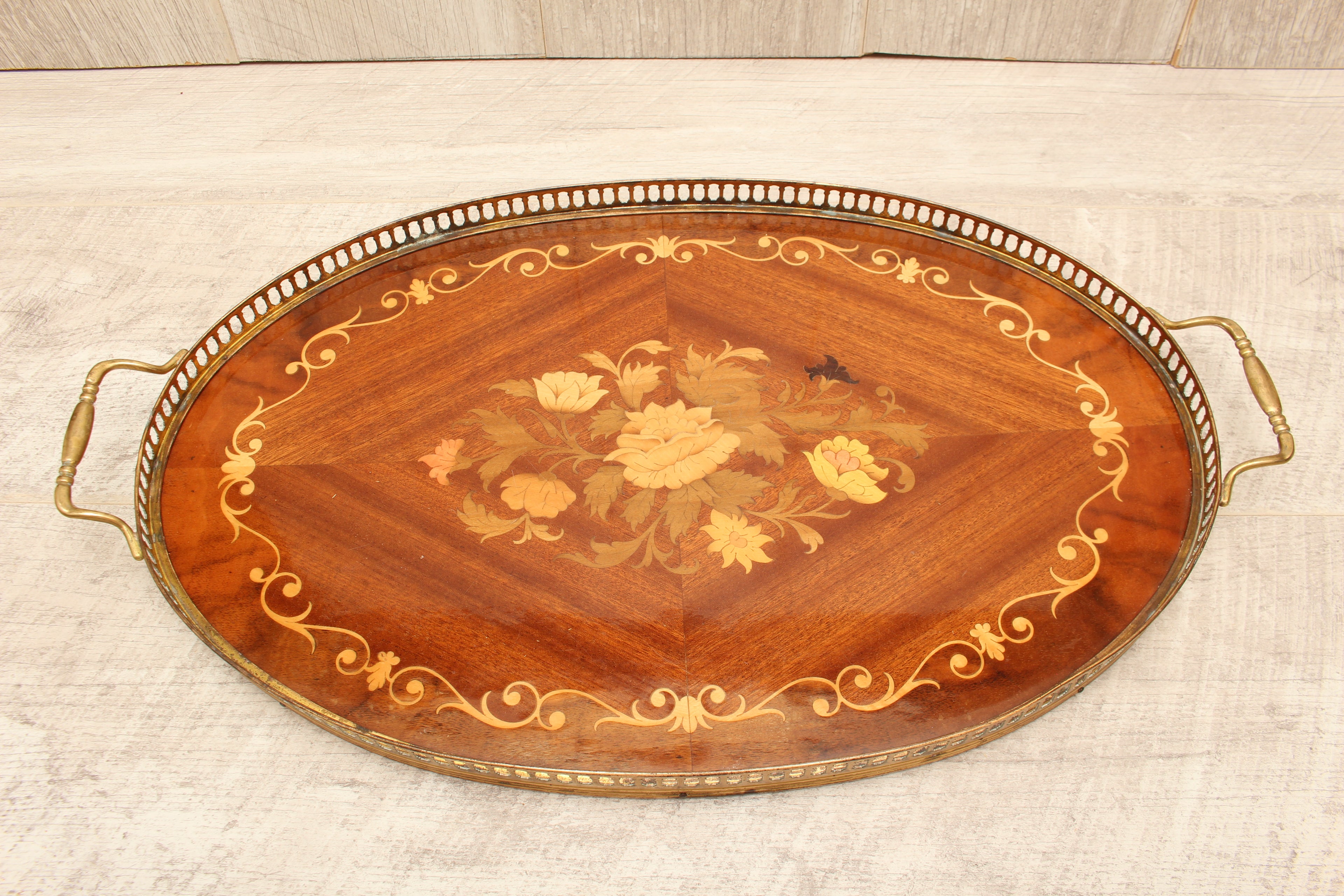 Large Vintage Sorrento Oval Wood Marquetry Gallery Tray - Inlaid Floral Serving Platter