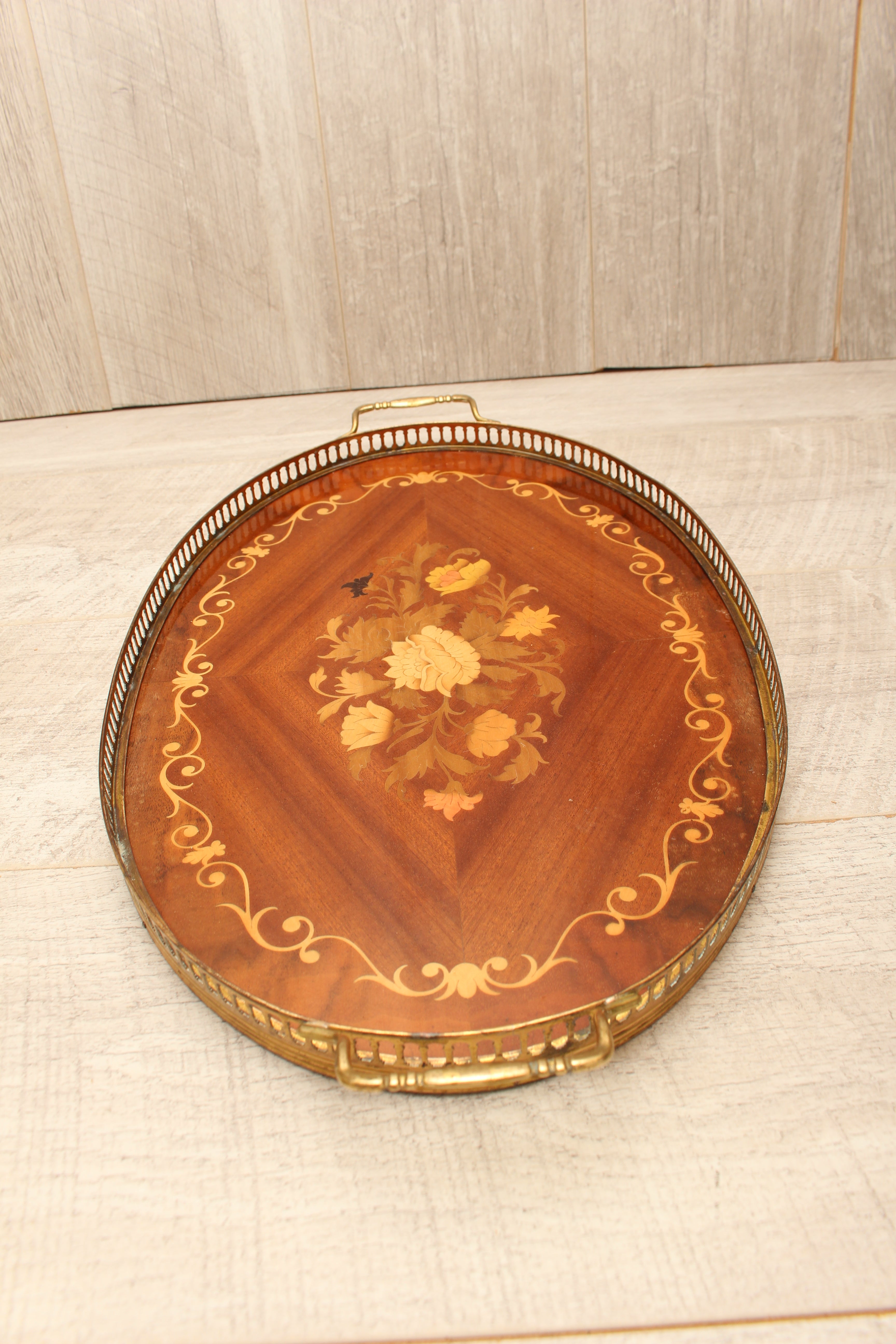 Large Vintage Sorrento Oval Wood Marquetry Gallery Tray - Inlaid Floral Serving Platter
