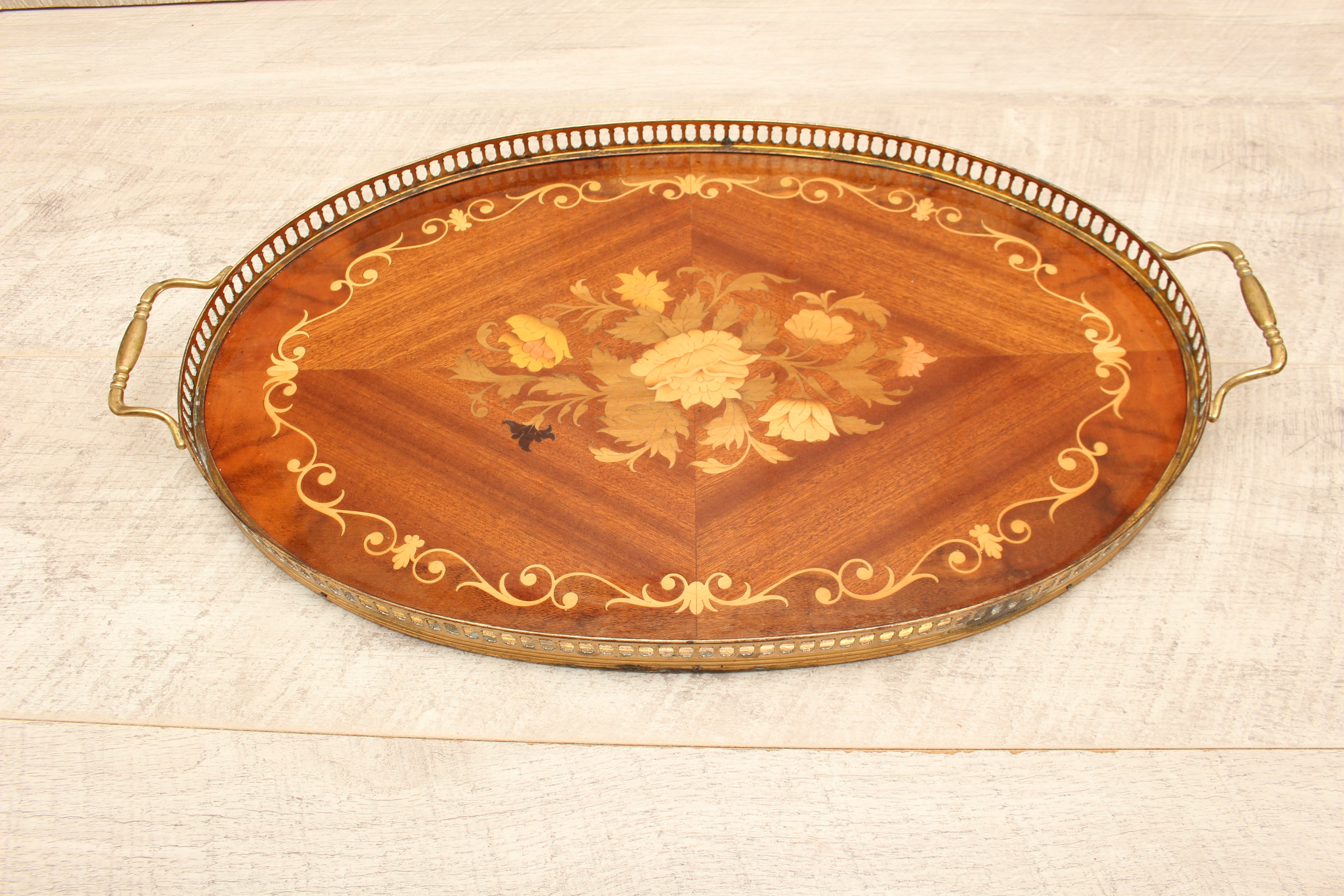 Large Vintage Sorrento Oval Wood Marquetry Gallery Tray - Inlaid Floral Serving Platter