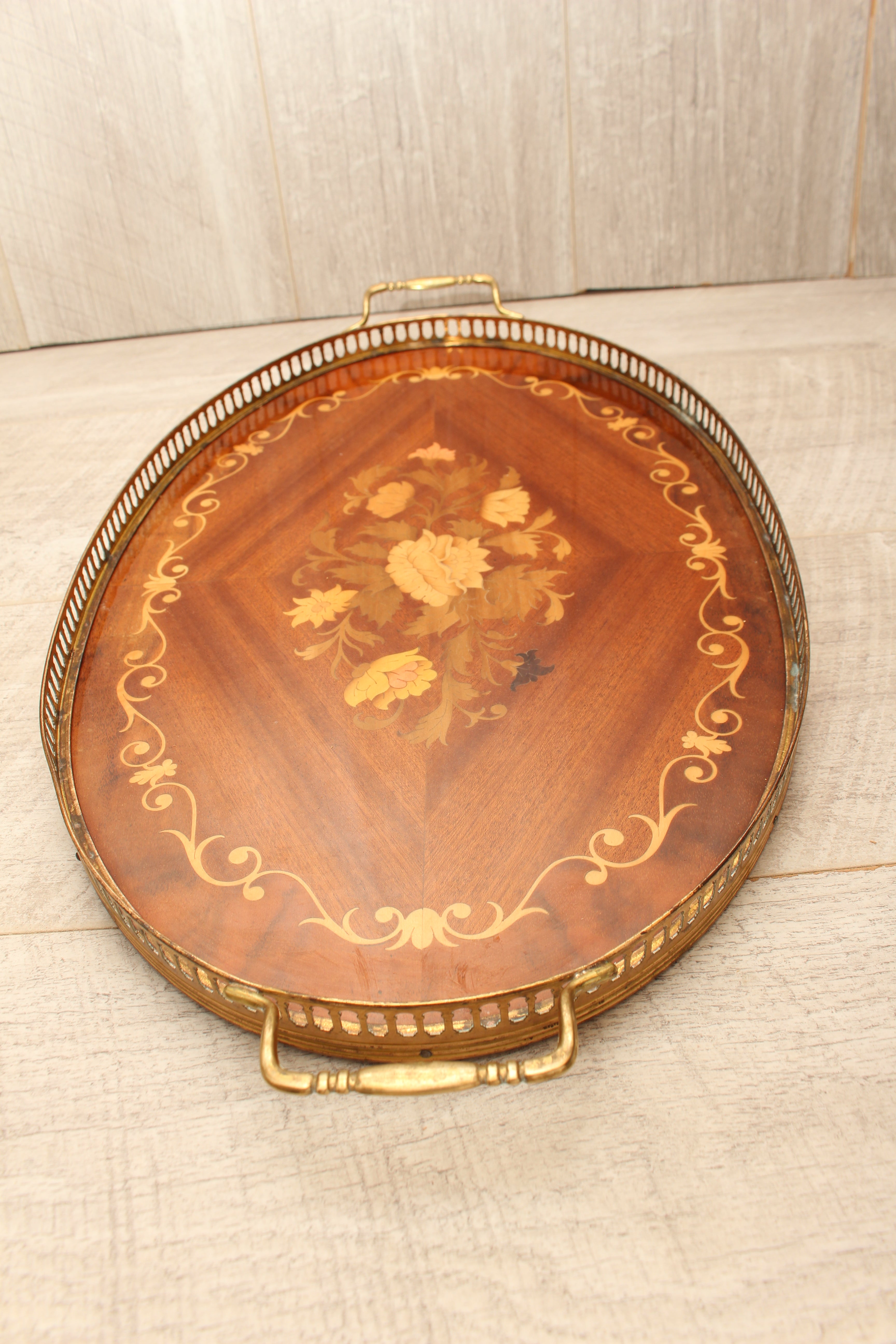 Large Vintage Sorrento Oval Wood Marquetry Gallery Tray - Inlaid Floral Serving Platter