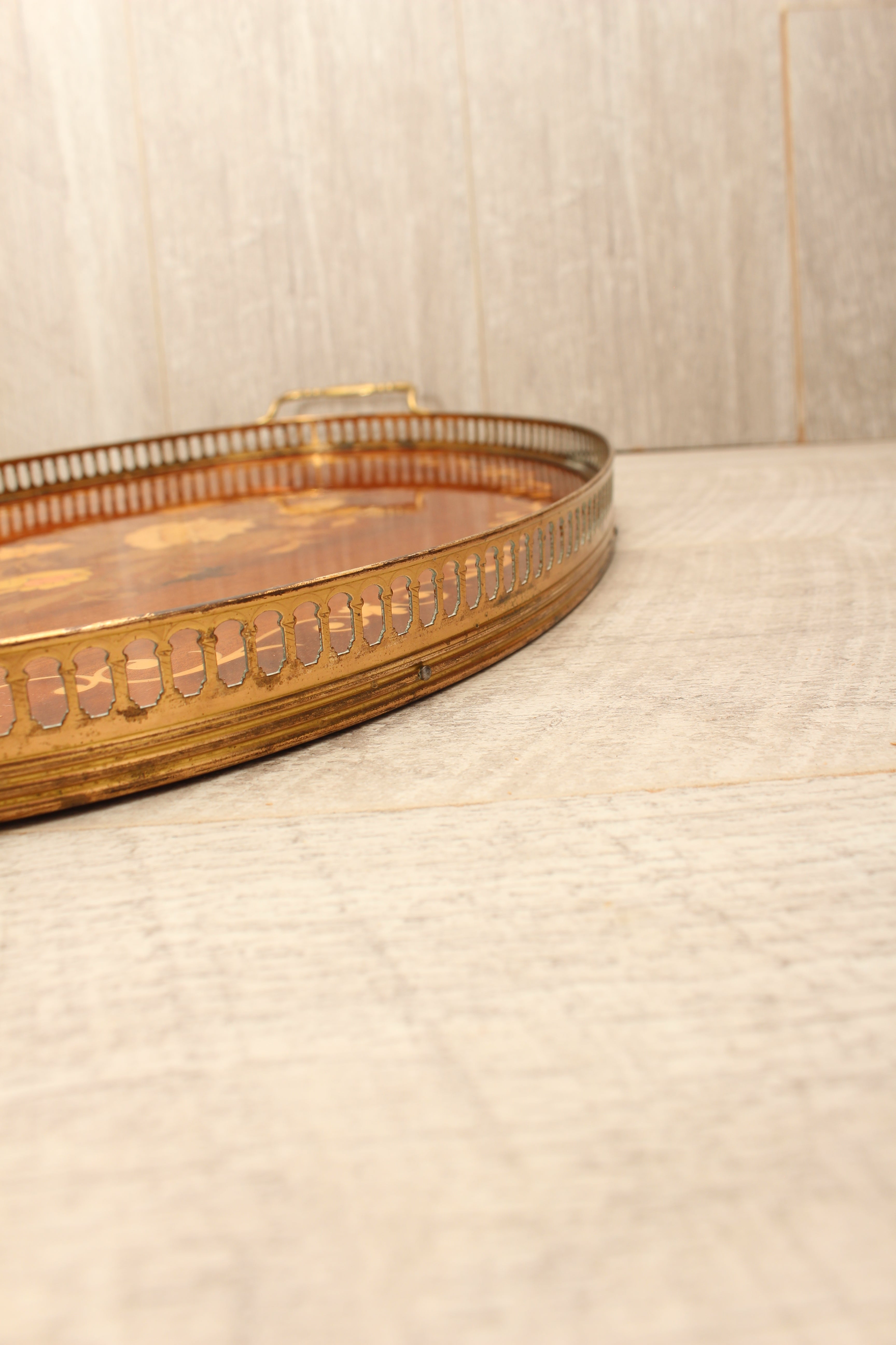 Large Vintage Sorrento Oval Wood Marquetry Gallery Tray - Inlaid Floral Serving Platter