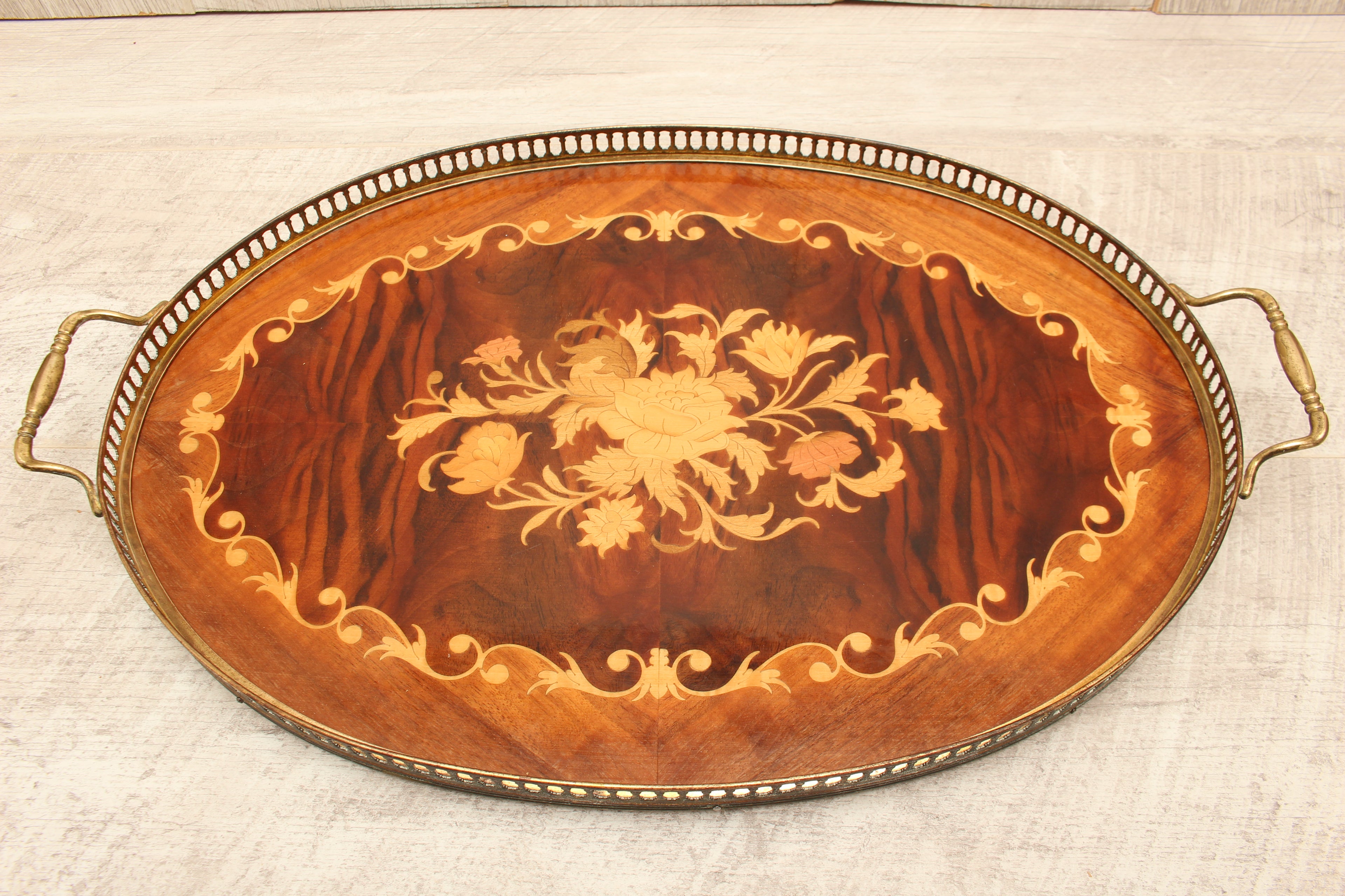 Large Vintage Sorrento Oval Wood Marquetry Gallery Tray - Inlaid Floral Serving Platter