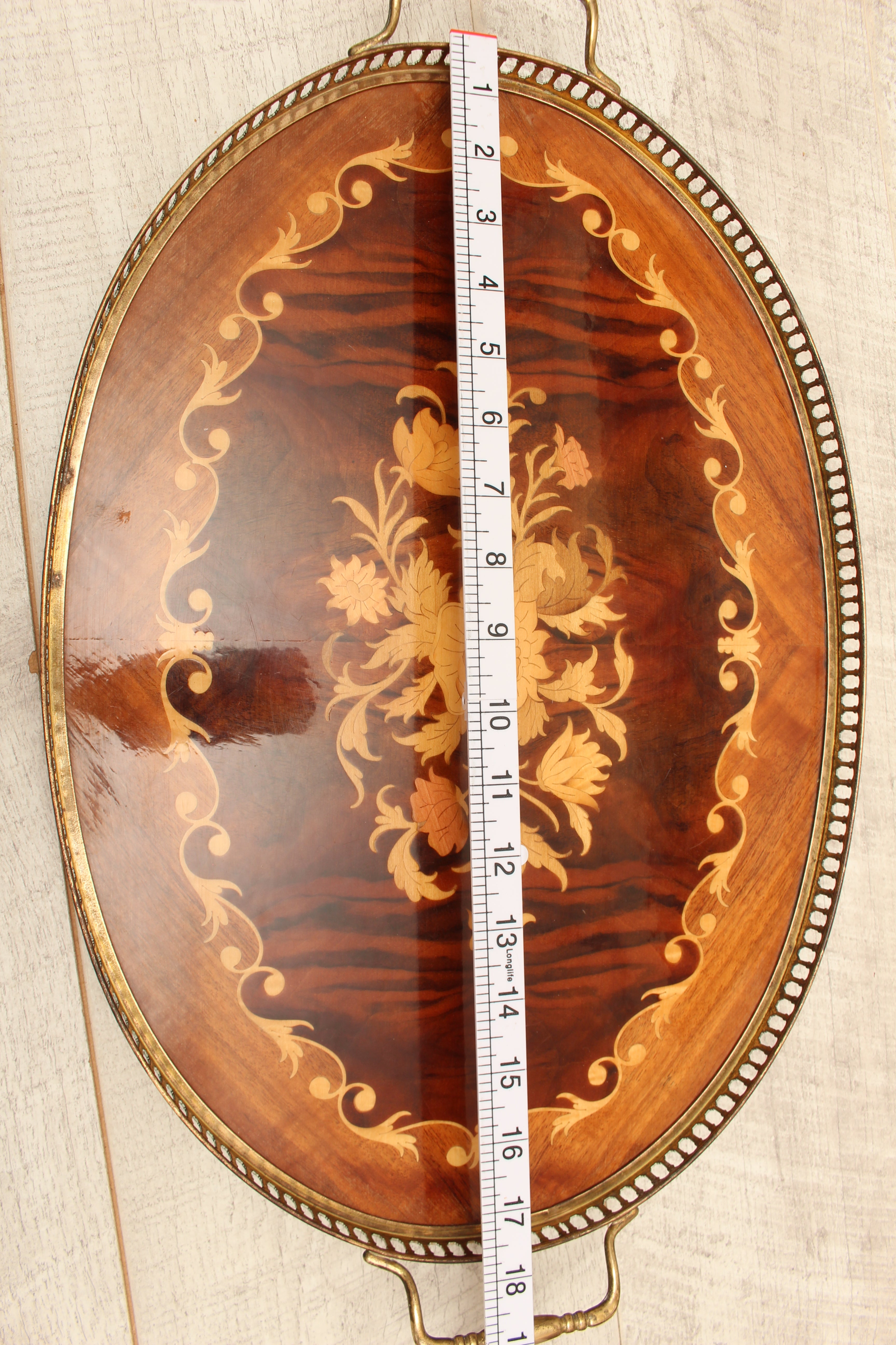 Large Vintage Sorrento Oval Wood Marquetry Gallery Tray - Inlaid Floral Serving Platter