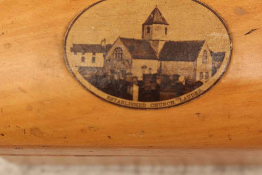 Antique Mauchline Ware Sycamore Dome Top String Box - Established Church Lauder c.1890