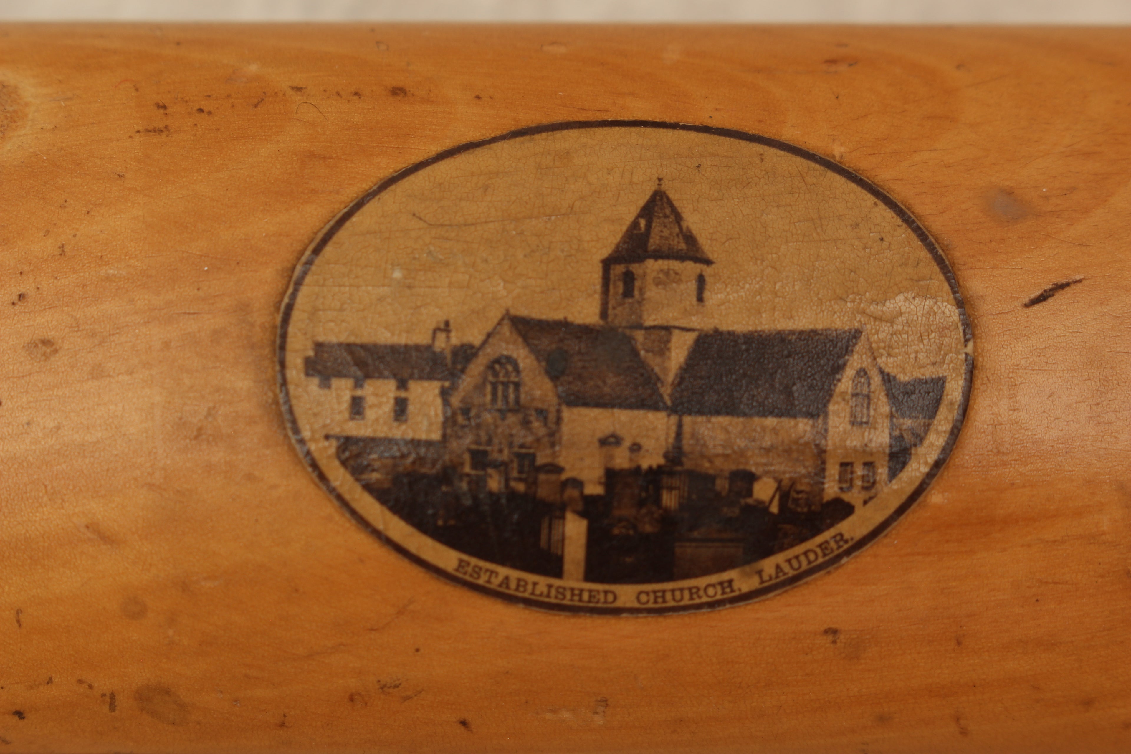 Antique Mauchline Ware Sycamore Dome Top String Box - Established Church Lauder c.1890