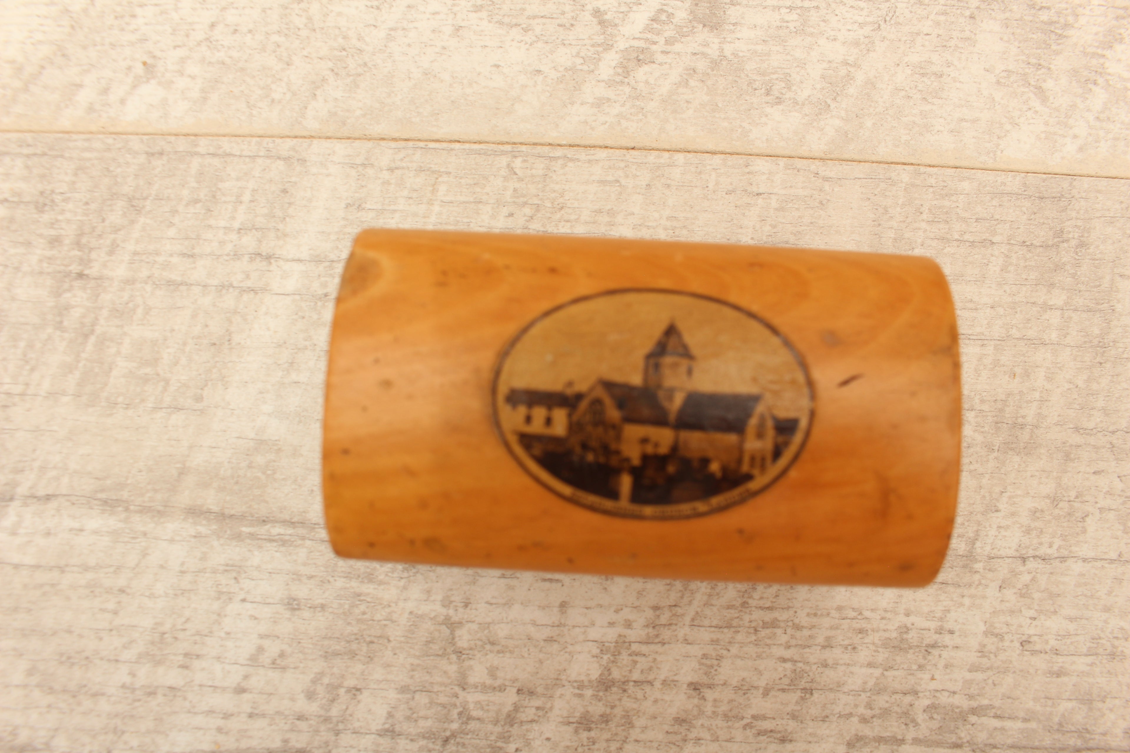 Antique Mauchline Ware Sycamore Dome Top String Box - Established Church Lauder c.1890