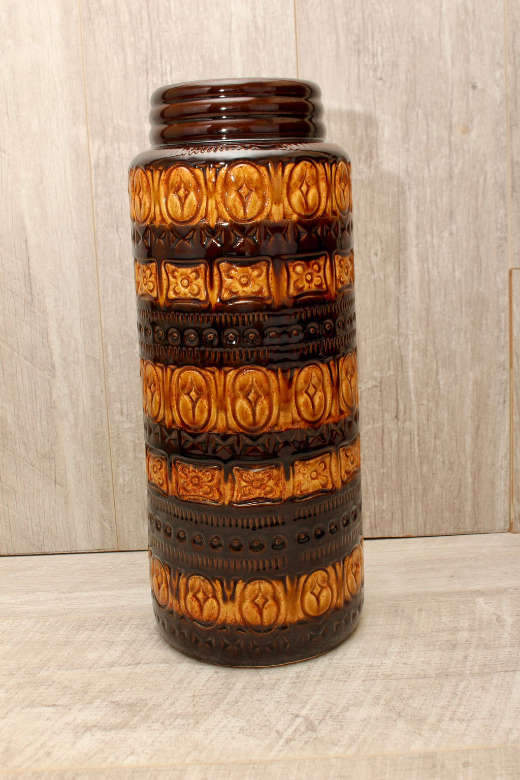 Large Vintage Scheurich 289-41 West German Pottery Floor Vase - Foligna Aztec Pattern