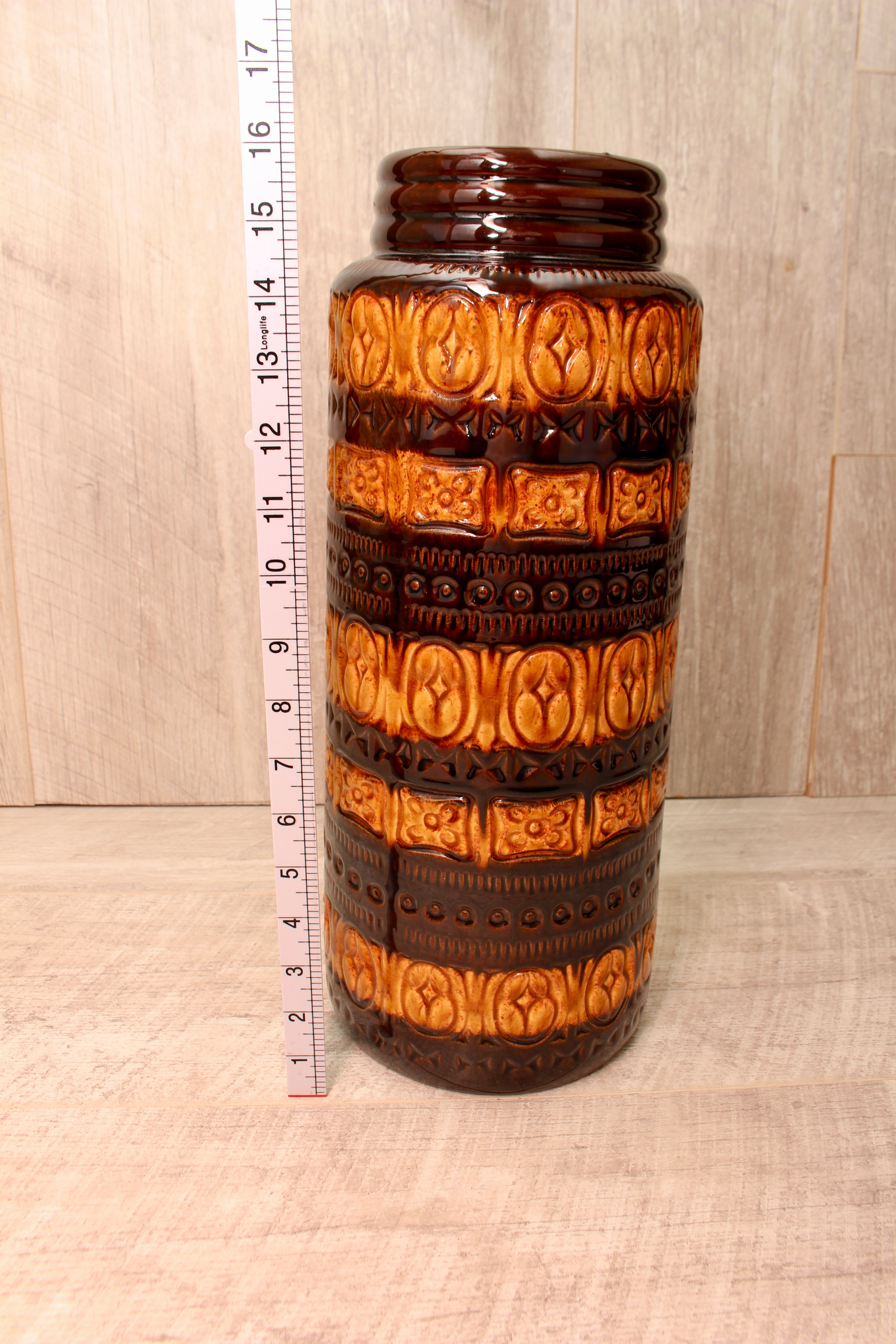 Large Vintage Scheurich 289-41 West German Pottery Floor Vase - Foligna Aztec Pattern