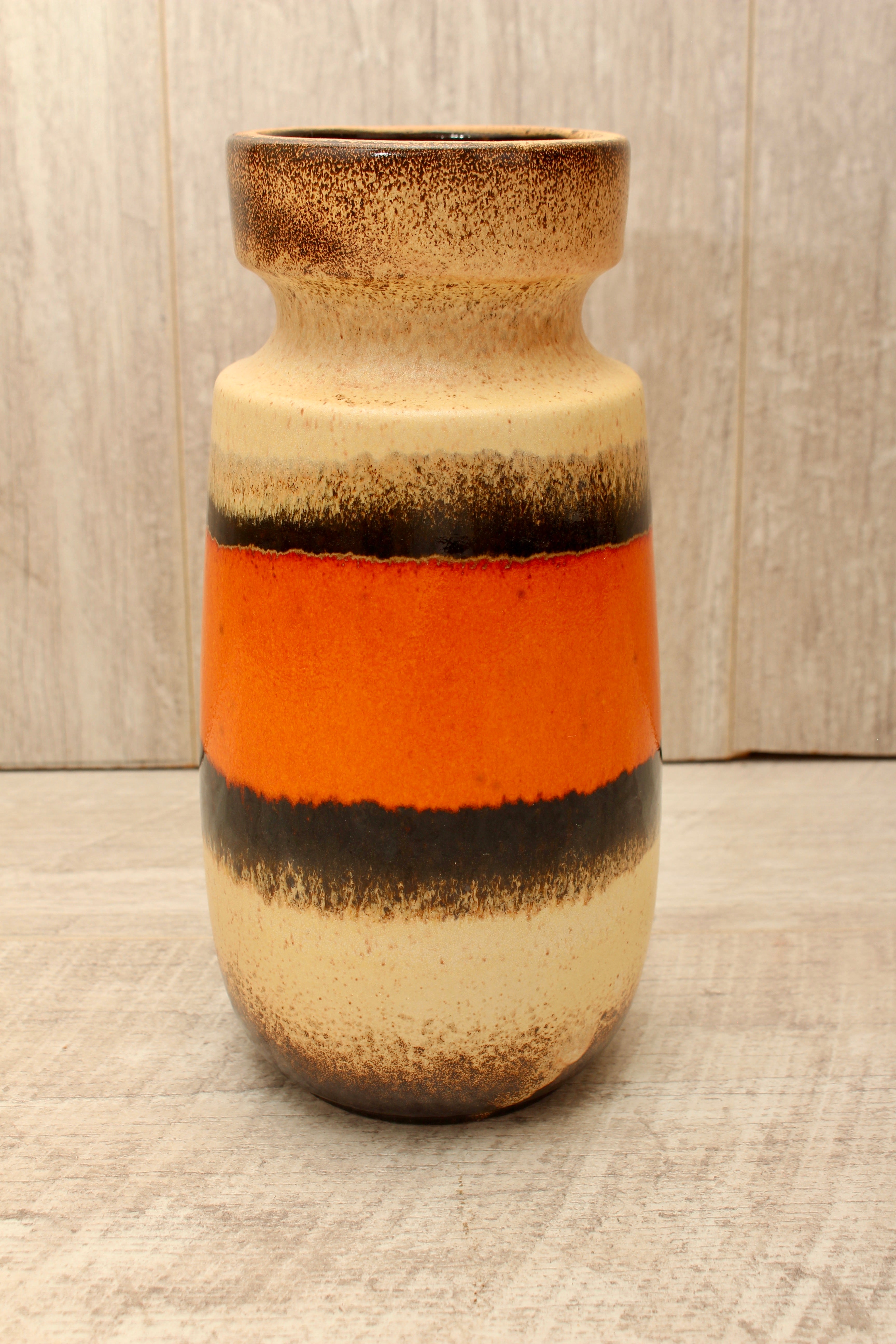Vintage Scheurich 242-22 West German Pottery Vase - Mid-Century Orange & Cream Banded Ceramic