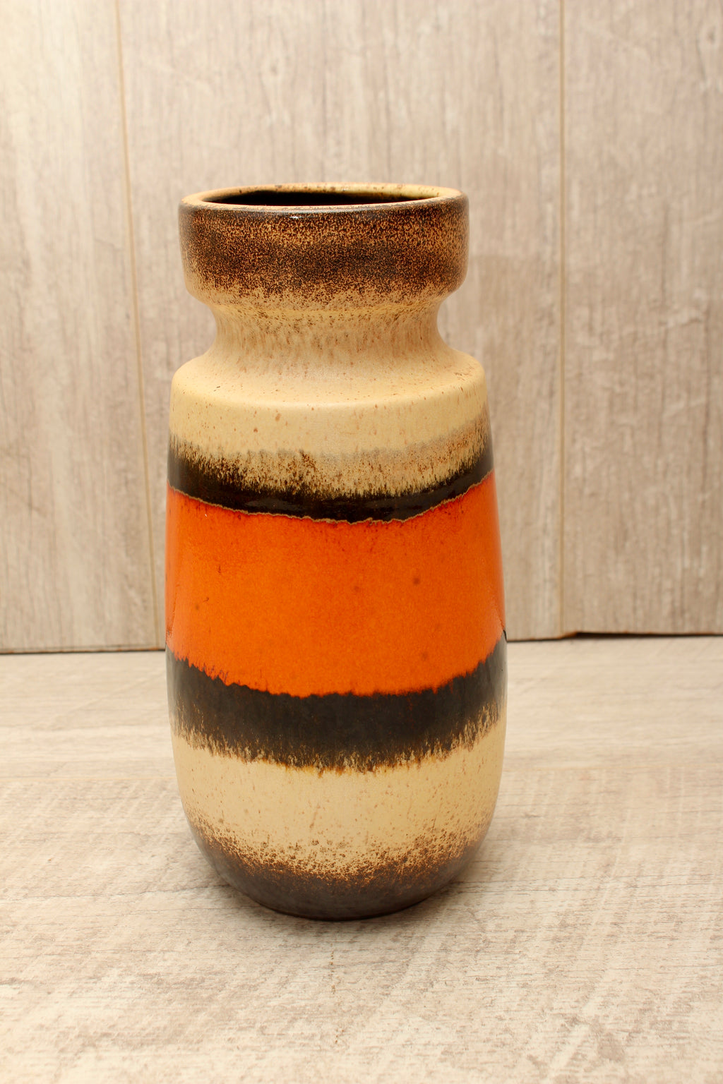 Vintage Scheurich 242-22 West German Pottery Vase - Mid-Century Orange & Cream Banded Ceramic