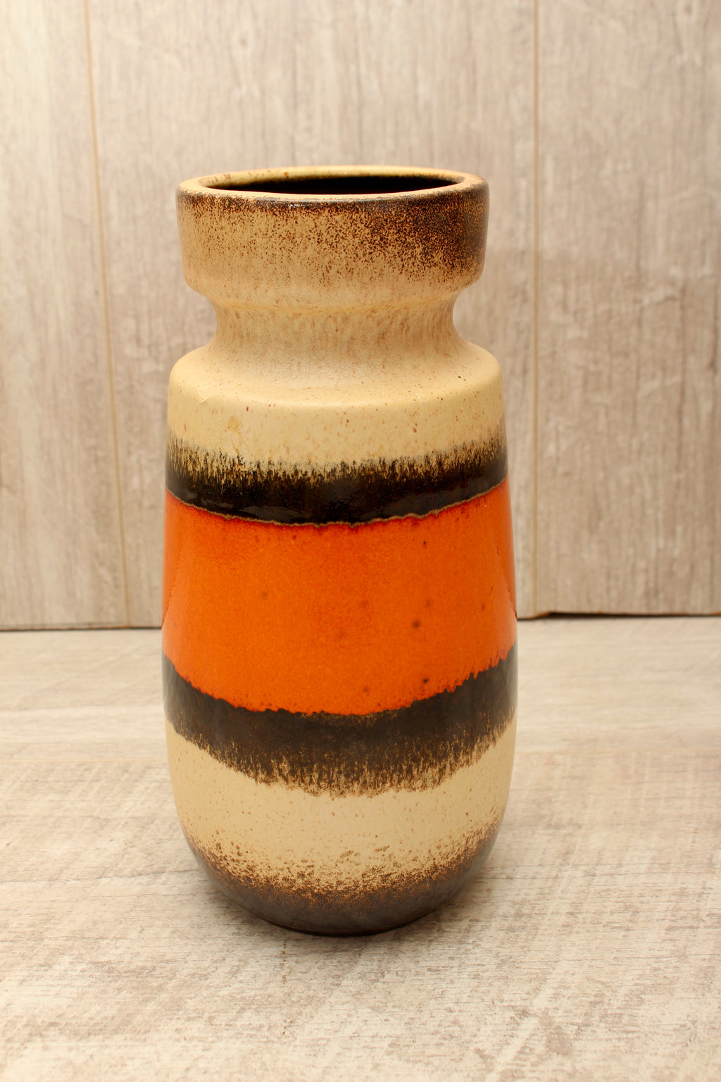 Vintage Scheurich 242-22 West German Pottery Vase - Mid-Century Orange & Cream Banded Ceramic