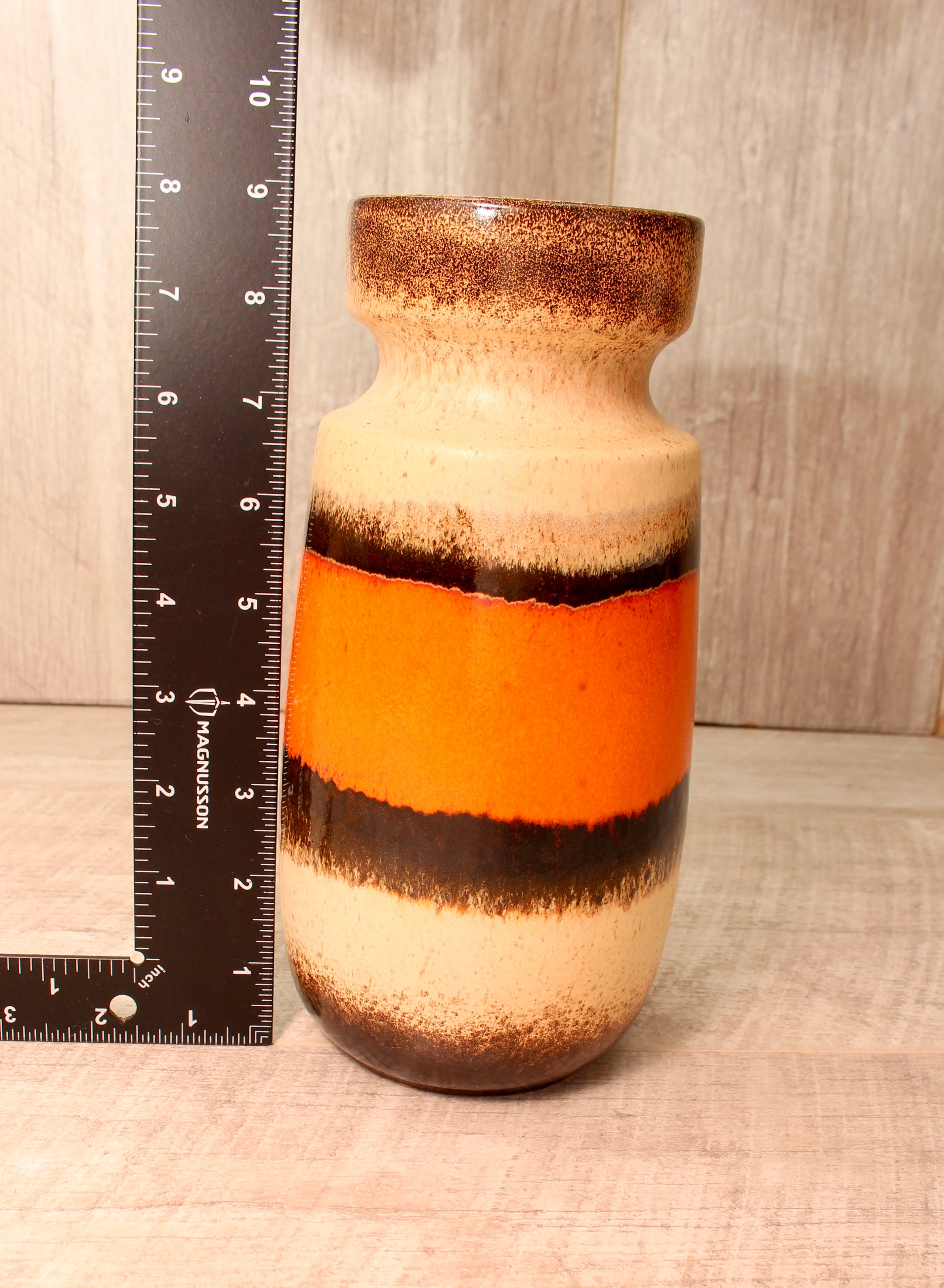 Vintage Scheurich 242-22 West German Pottery Vase - Mid-Century Orange & Cream Banded Ceramic