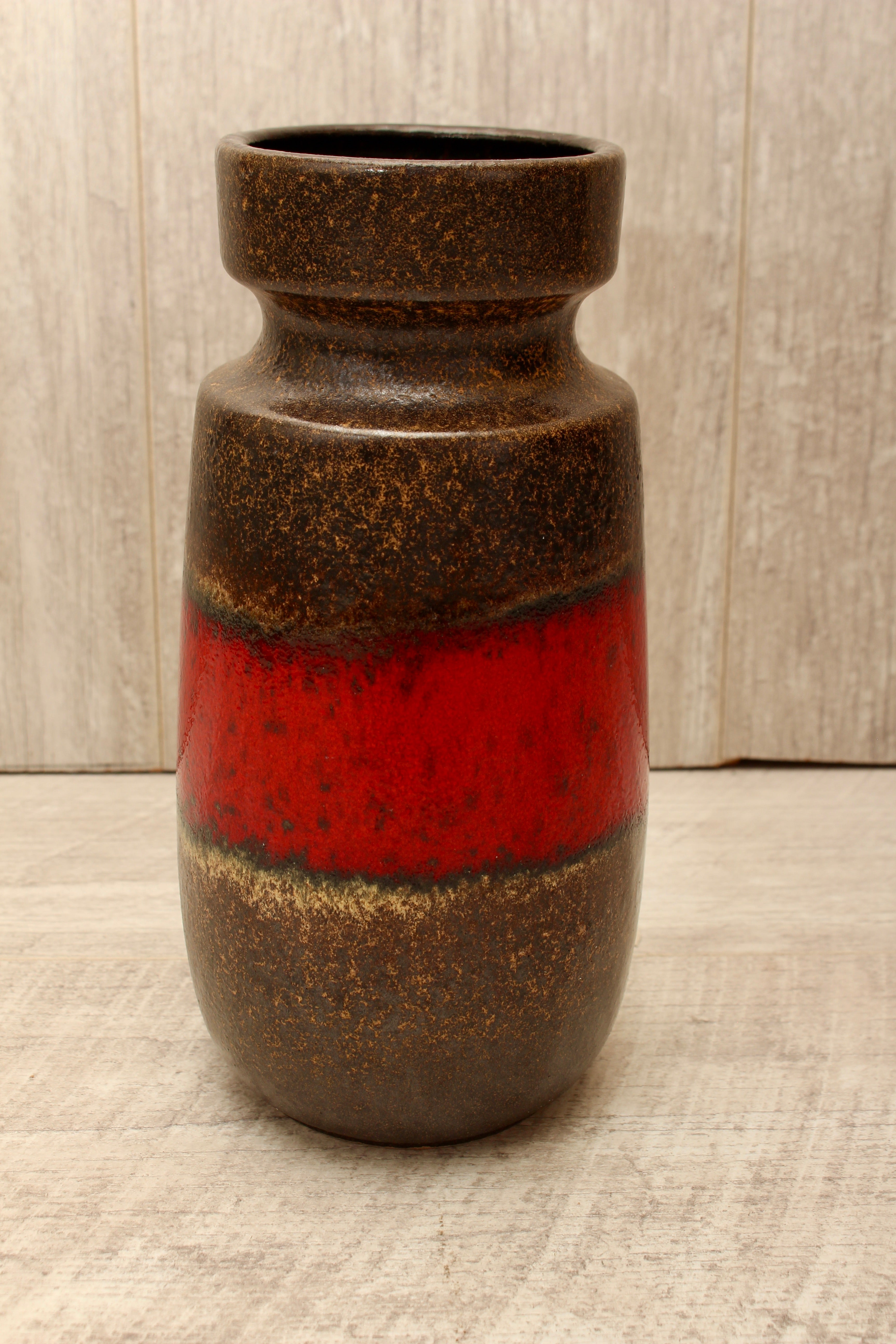 Vintage Scheurich 242-22 West German Pottery Vase - Mid-Century Red & Brown Banded Ceramic