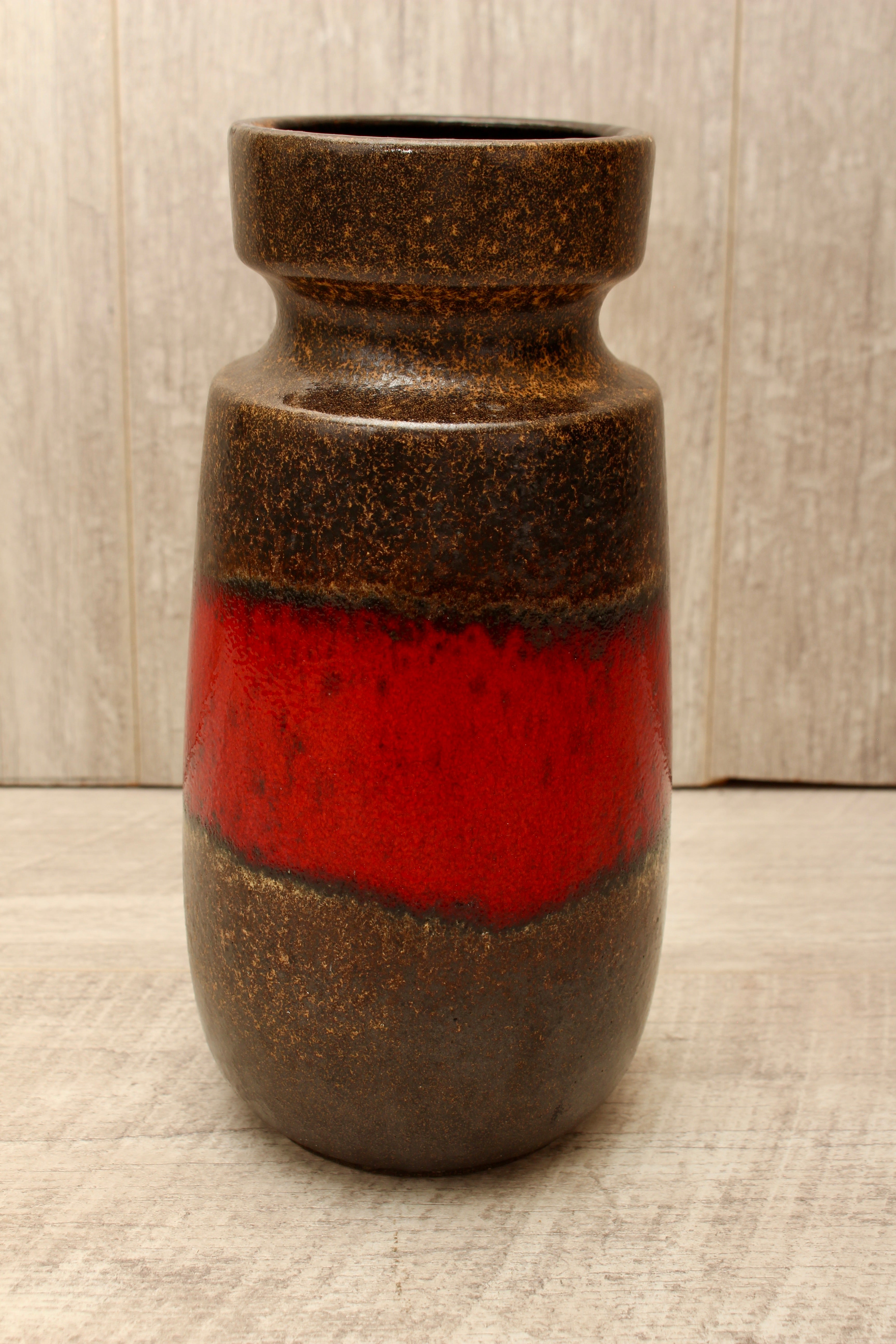 Vintage Scheurich 242-22 West German Pottery Vase - Mid-Century Red & Brown Banded Ceramic
