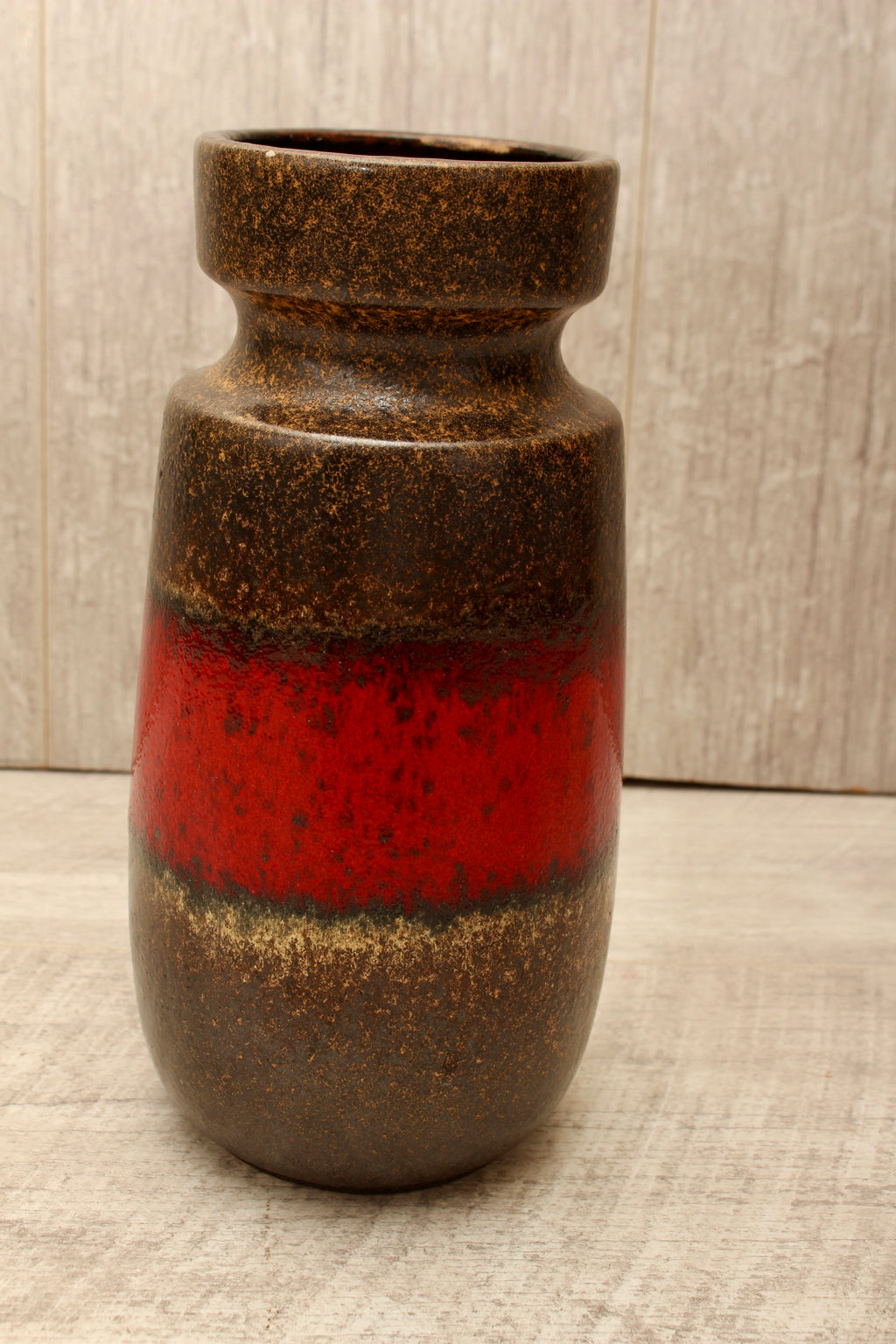 Vintage Scheurich 242-22 West German Pottery Vase - Mid-Century Red & Brown Banded Ceramic