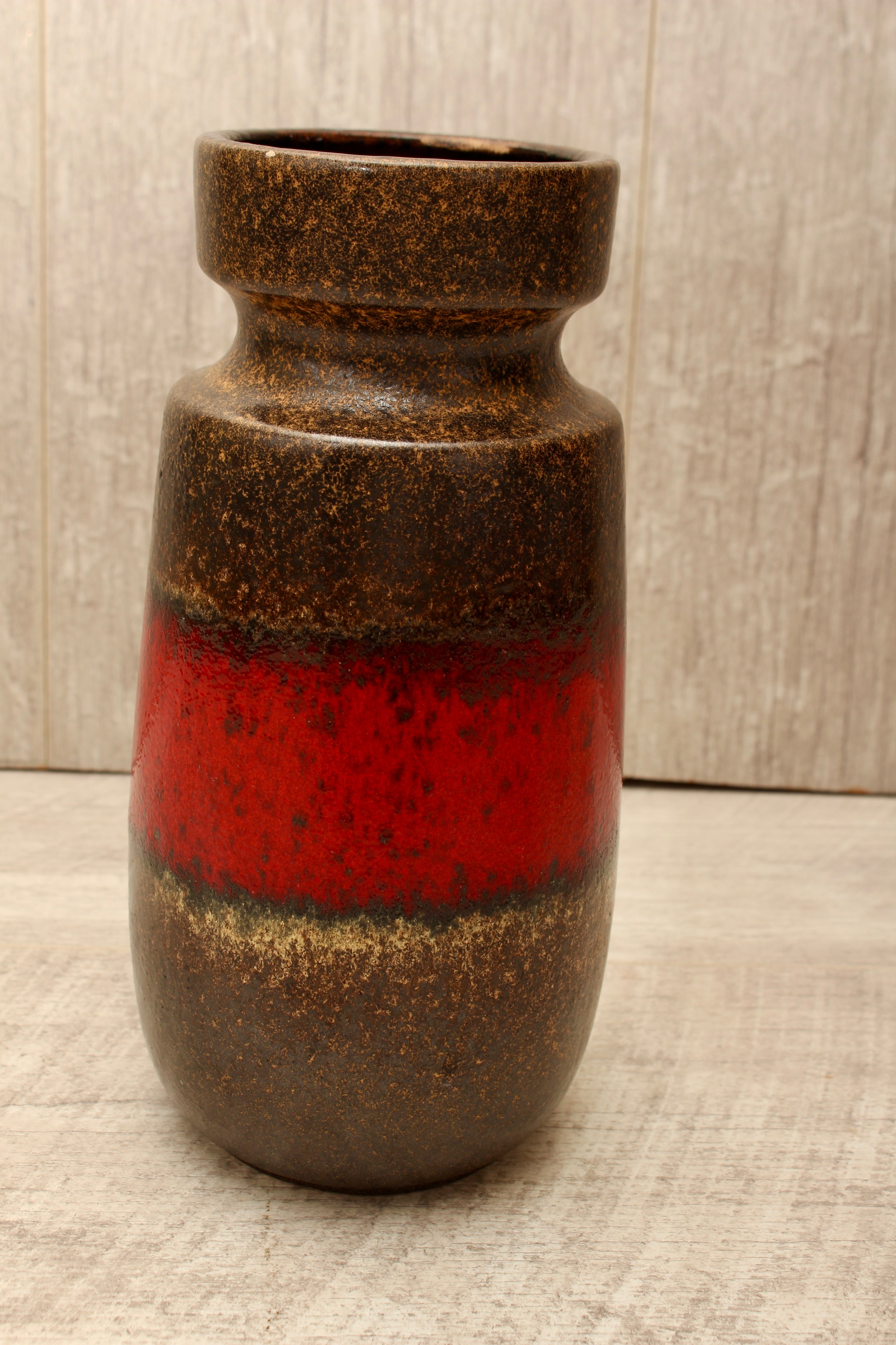Vintage Scheurich 242-22 West German Pottery Vase - Mid-Century Red & Brown Banded Ceramic