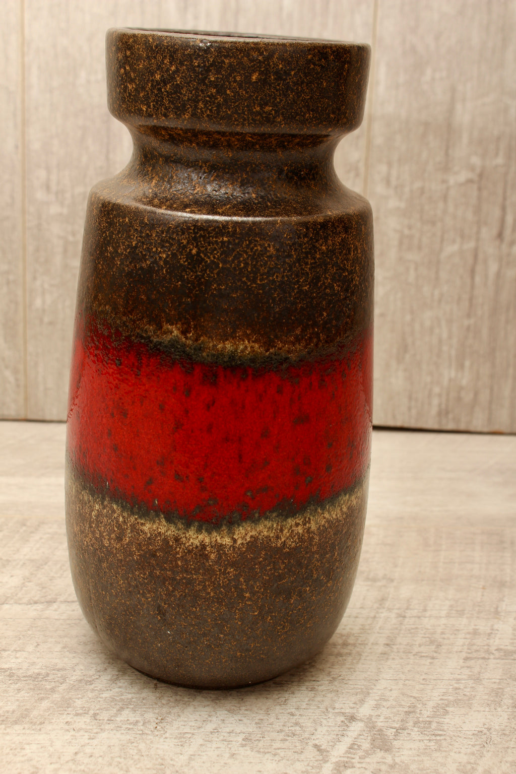 Vintage Scheurich 242-22 West German Pottery Vase - Mid-Century Red & Brown Banded Ceramic