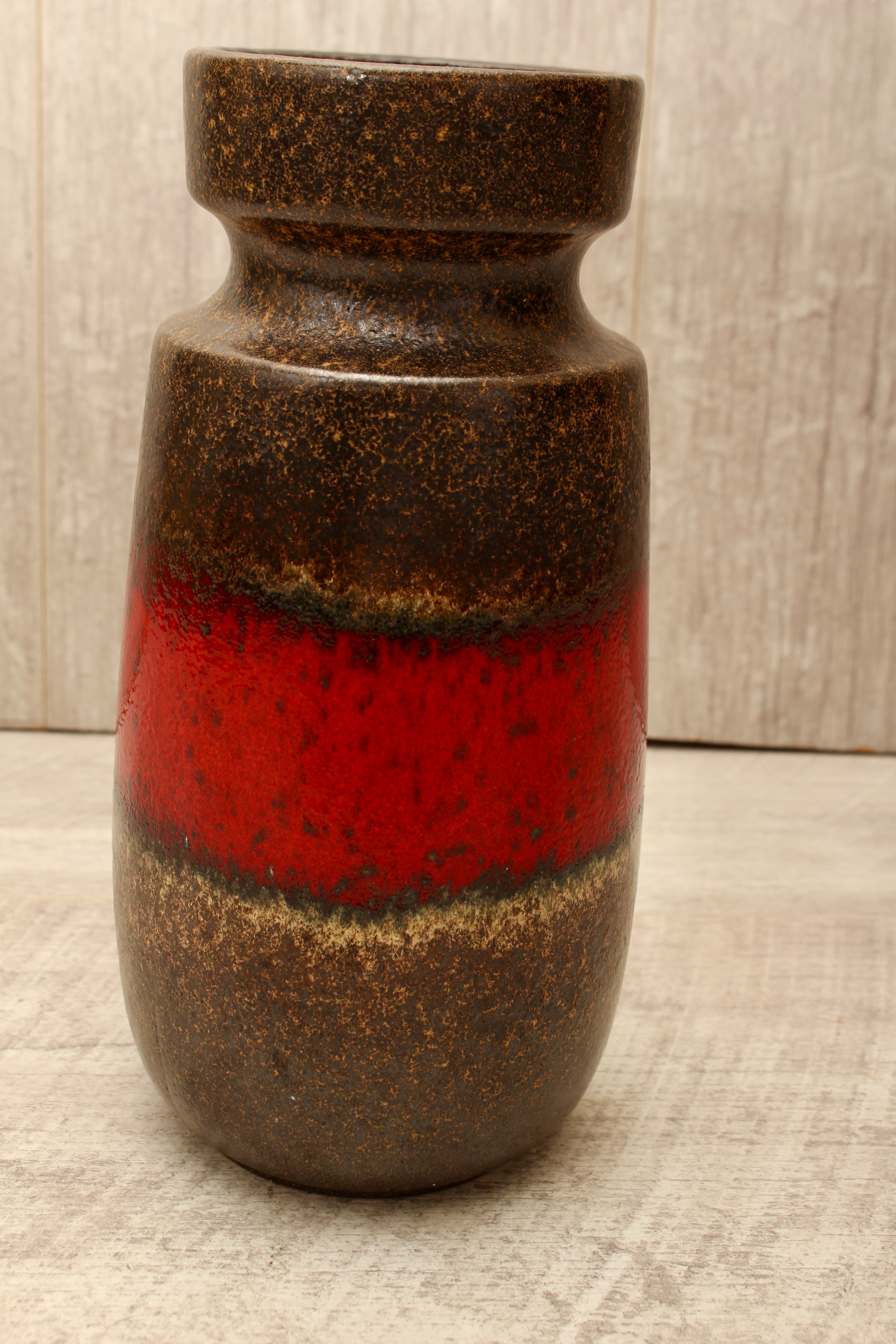 Vintage Scheurich 242-22 West German Pottery Vase - Mid-Century Red & Brown Banded Ceramic
