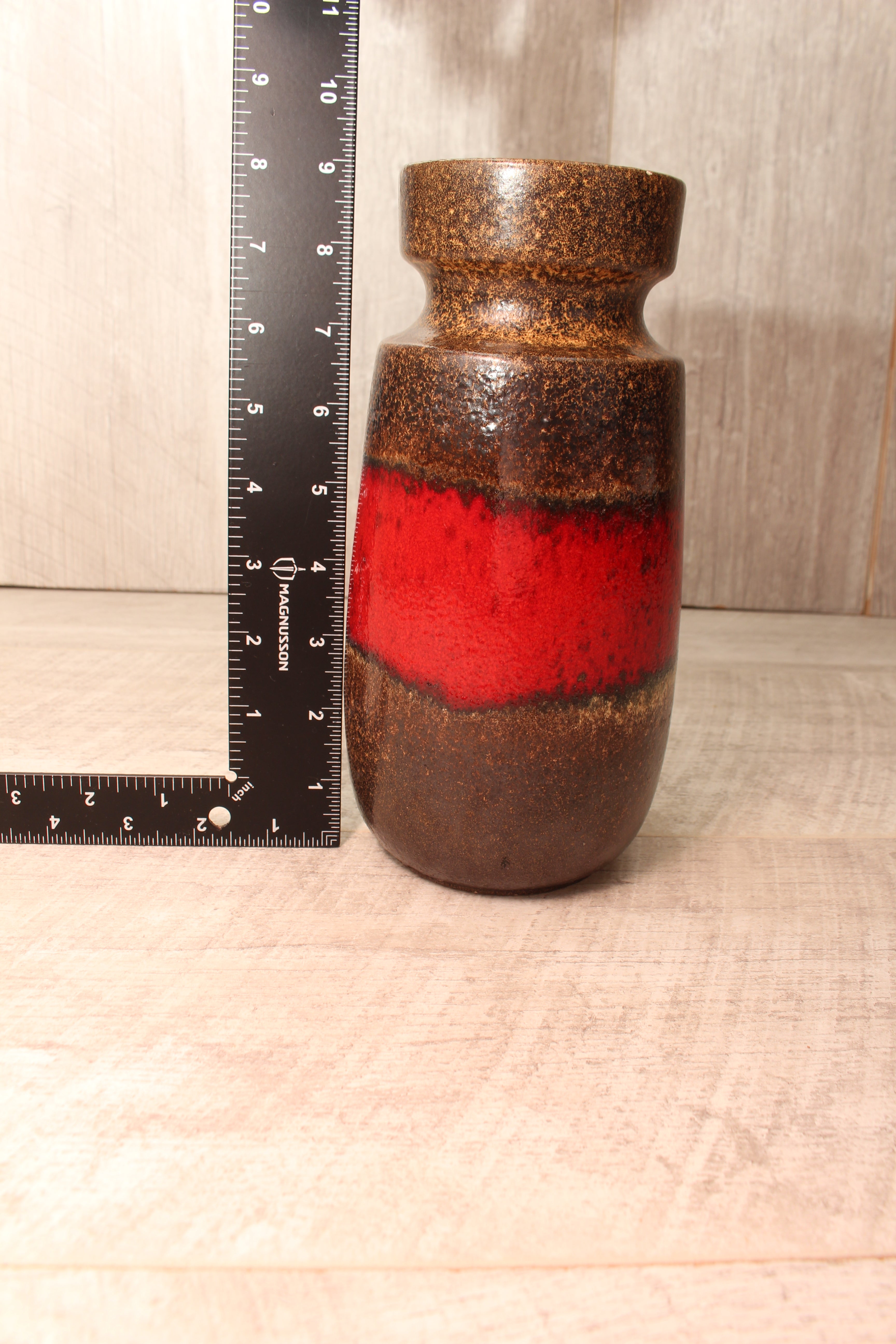 Vintage Scheurich 242-22 West German Pottery Vase - Mid-Century Red & Brown Banded Ceramic