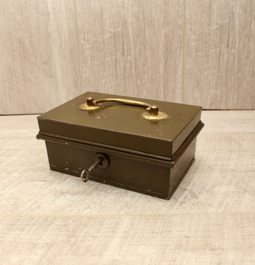 Vintage Khaki Green Metal Cash Box with Key - Made in England Industrial Document Tin