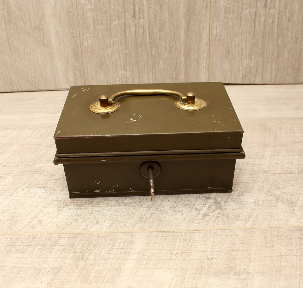 Vintage Khaki Green Metal Cash Box with Key - Made in England Industrial Document Tin