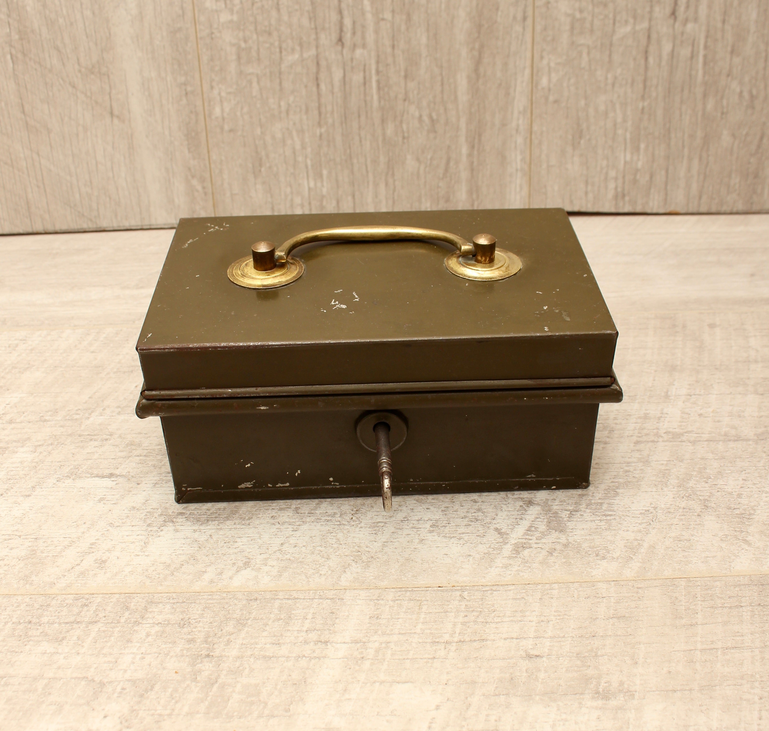 Vintage Khaki Green Metal Cash Box with Key - Made in England Industrial Document Tin