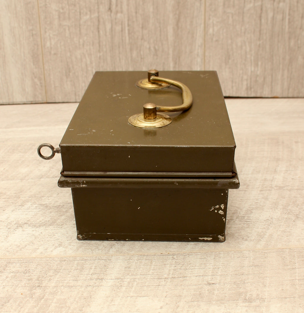 Vintage Khaki Green Metal Cash Box with Key - Made in England Industrial Document Tin