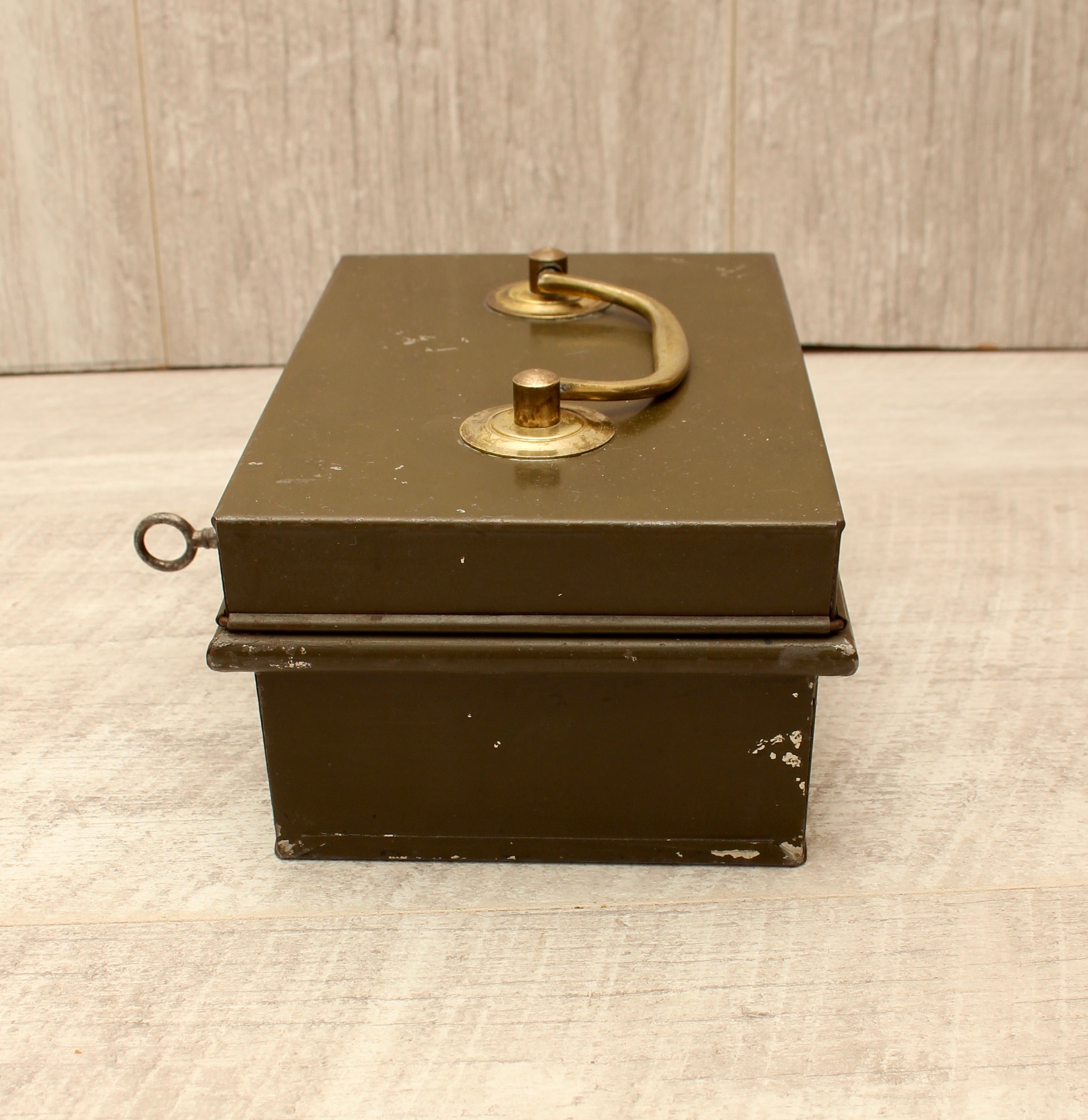 Vintage Khaki Green Metal Cash Box with Key - Made in England Industrial Document Tin