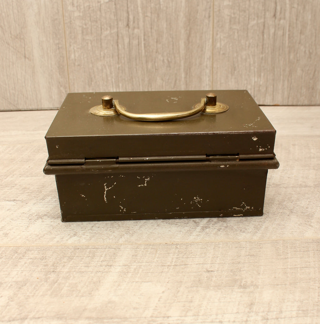 Vintage Khaki Green Metal Cash Box with Key - Made in England Industrial Document Tin